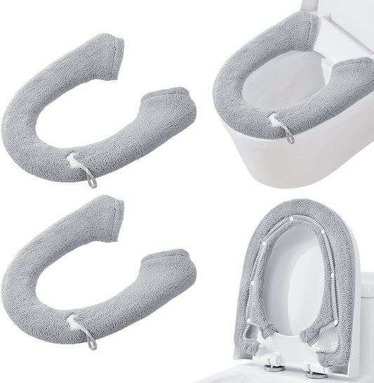 2 Packs Toilet Seat Cover, Plush Warm Bathroom Toilet Seat Cushion with Snaps Fixed Washable and Reusable Toilet Seat Lid Cover Pads, Fits Most Toilet Seats, Light Grey
