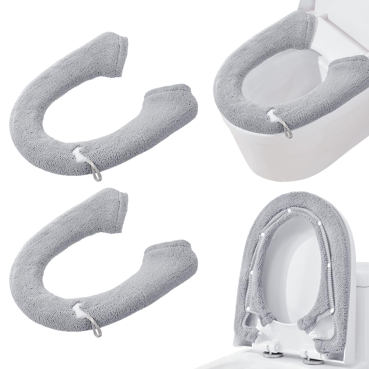 2 Packs Toilet Seat Cover, Plush Warm Bathroom Toilet Seat Cushion with Snaps Fixed Washable and Reusable Toilet Seat Lid Cover Pads, Fits Most Toilet Seats, Light Grey