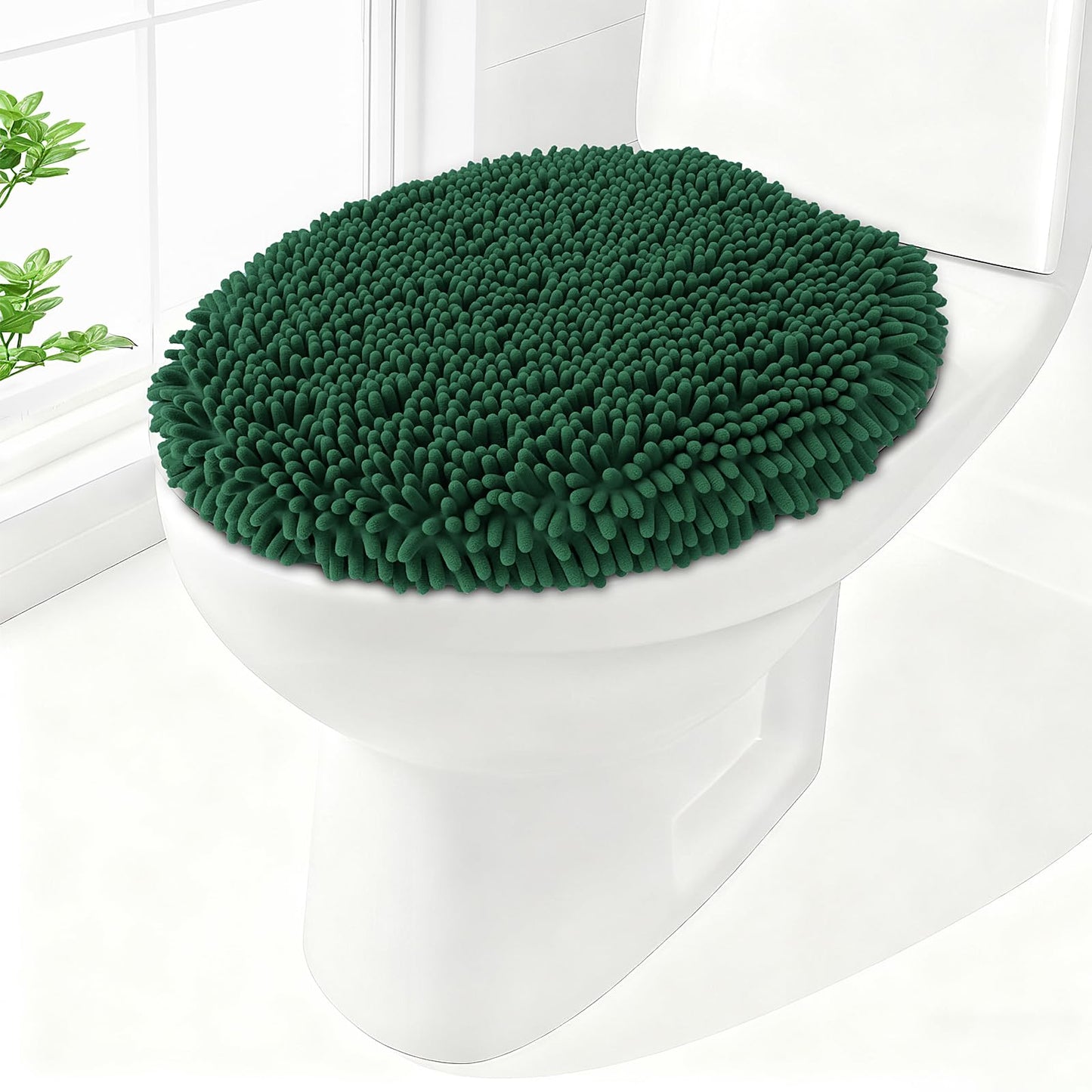 Soft Chenille Toilet Lid Cover 19.5L x 18.5W Machine Washable | Toilet Seat Cover Adjustable Rubber Backing Fits Most Round Elongated and Oblong Lids