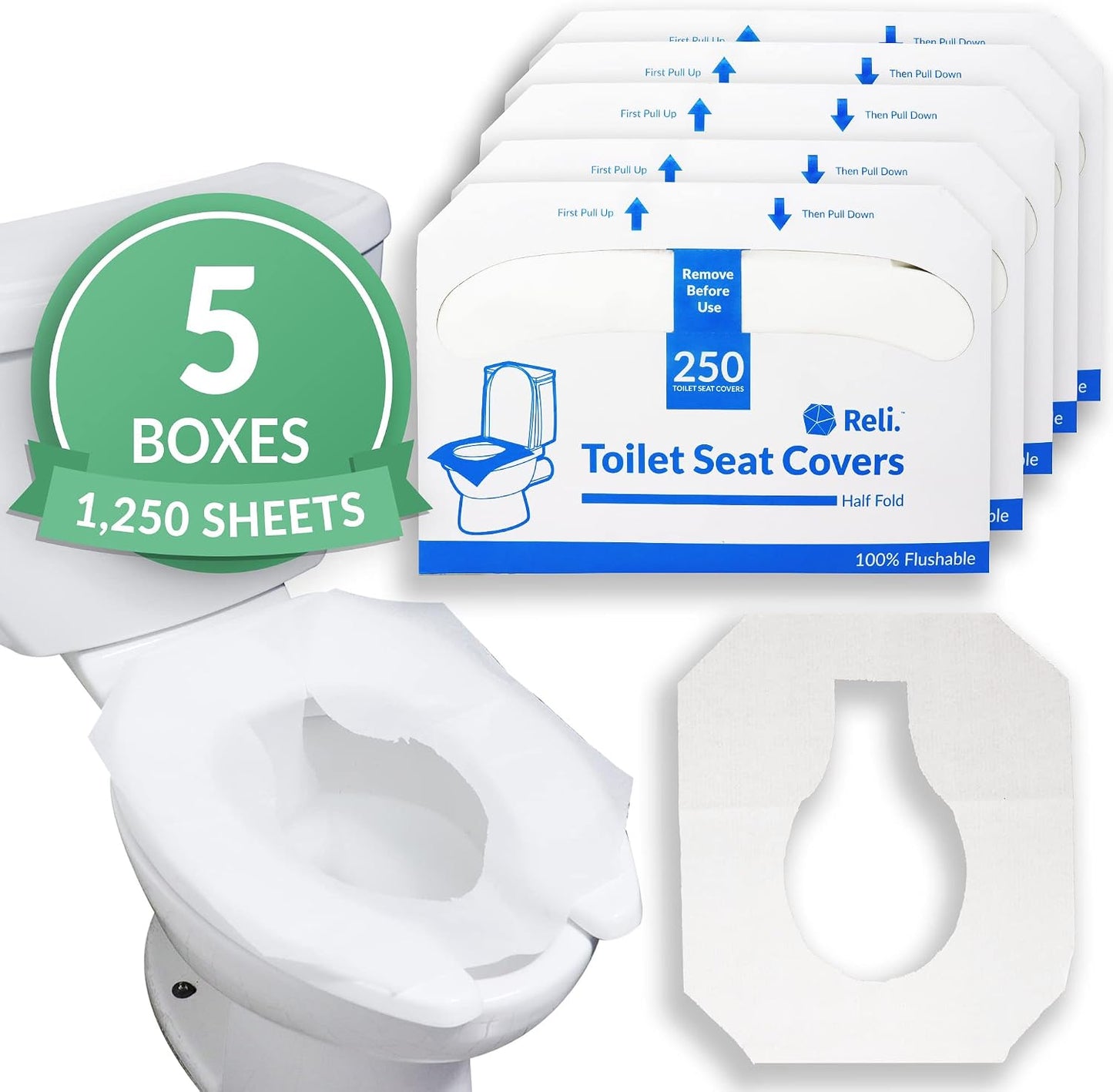 Reli. Toilet Seat Covers (1250 Pcs, 5 Packs of 250) Flushable | Disposable Toilet Seat Cover 14x16" (Half-Fold) | Paper Liners for Restroom, Bathroom, Travel, Camping, Potty Training