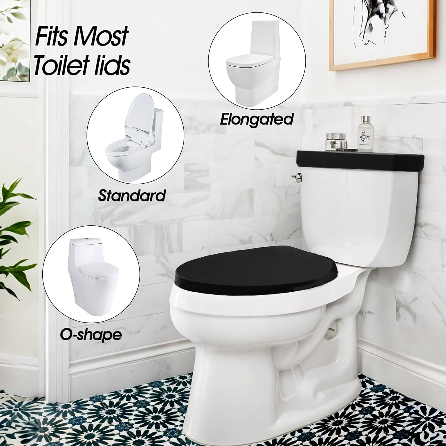 Tyqour Black Toilet Seat Cover Black Toilet Lid Cover and Toilet Tank Cover Set, Universal Toilet Cover Set with Elastic Bottom for Bathroom Decor Accessories