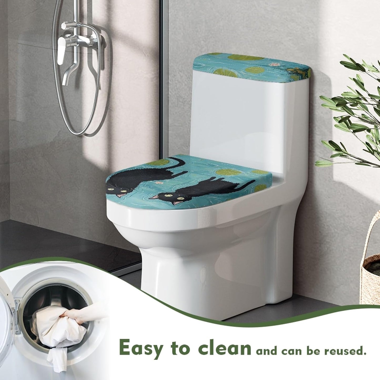 Cat Set of 2 Toilet Lid Cover Tank Set Plush Bathroom Set Beige Blue
