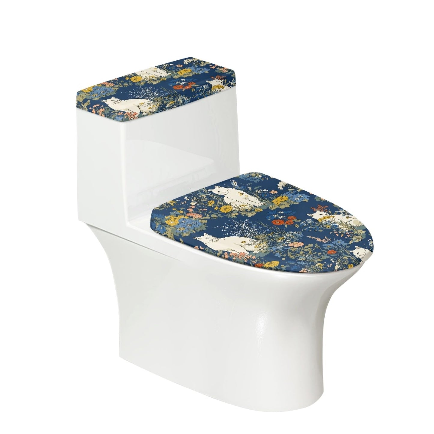 Set of 2 Cat Print Toilet Lid Tank Cover Soft Plush Set gray black