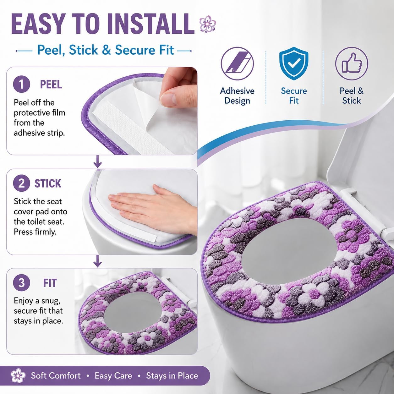 1 PCS Toilet Seat Cover Cushion, Soft Flannel Warm Toilet Seat Pad, Universal Fit Zippered Washable Reusable Toilet Cushion, Skin-Friendly Non-Slip Bathroom Accessory for All Seasons (Purple)
