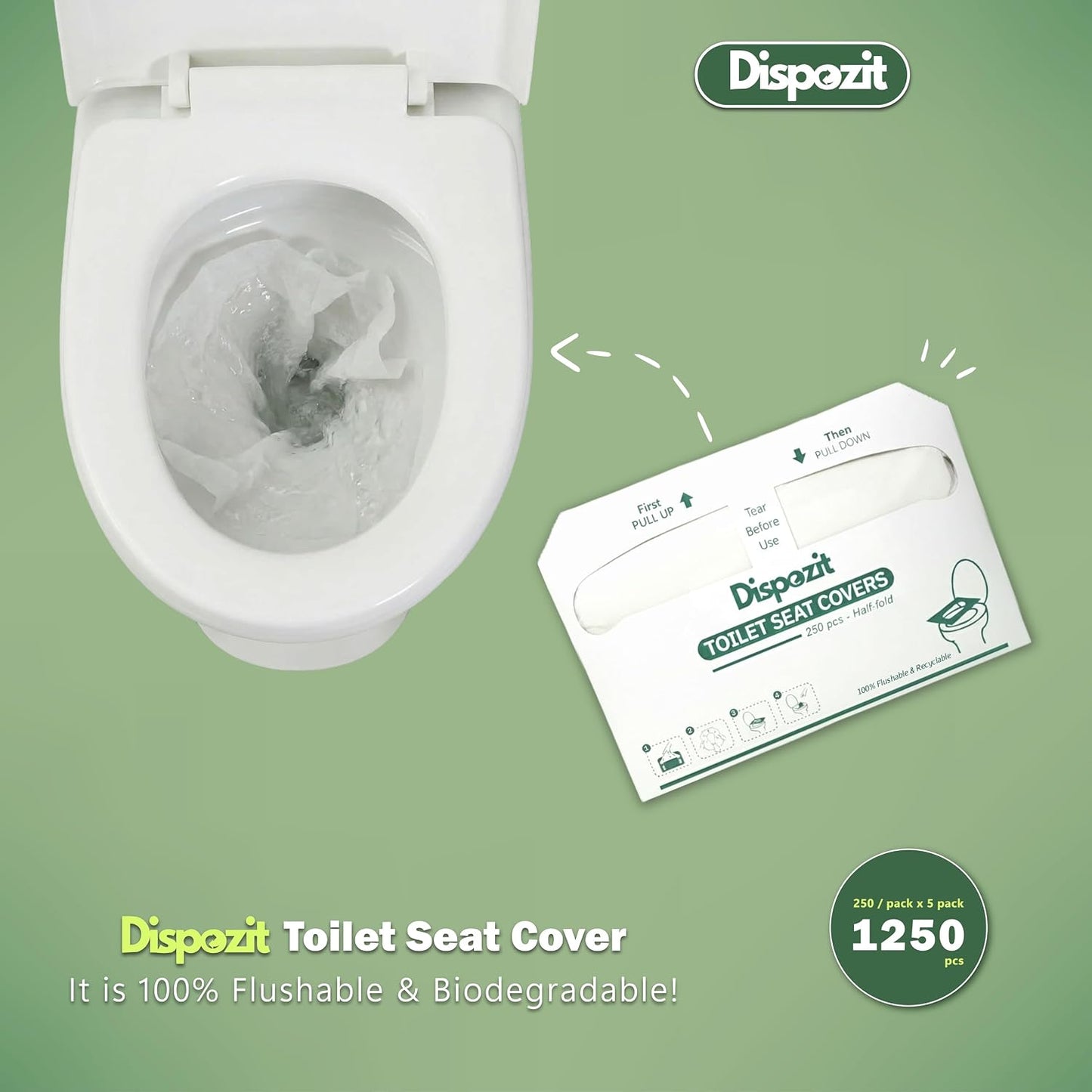 1250 Pcs Flushable Toilet Seat Covers for Hotel, Business, and Commercial | 5 Packs of 250 Pcs Disposable Flushable 100% Biodegradable Commercial Toilet Seat Covers, Half-Fold Wall Dispenser Compatible