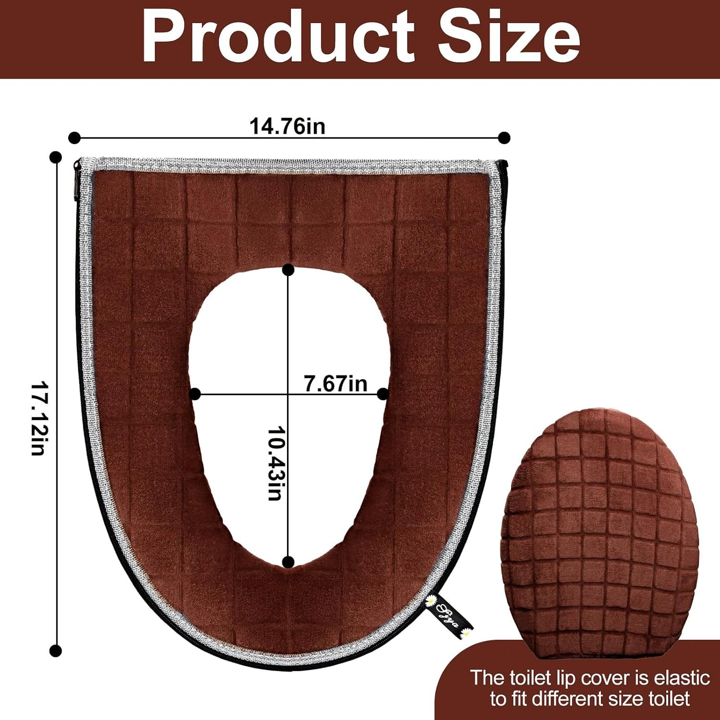 Toilet Seat Cover and Toilet Lid Cover Set, Soft Toilet Seat Cushion with Zipper Adjustable Rubber Backing Toilet Seat Warmer Bathroom Decor and Accessories, Coffee
