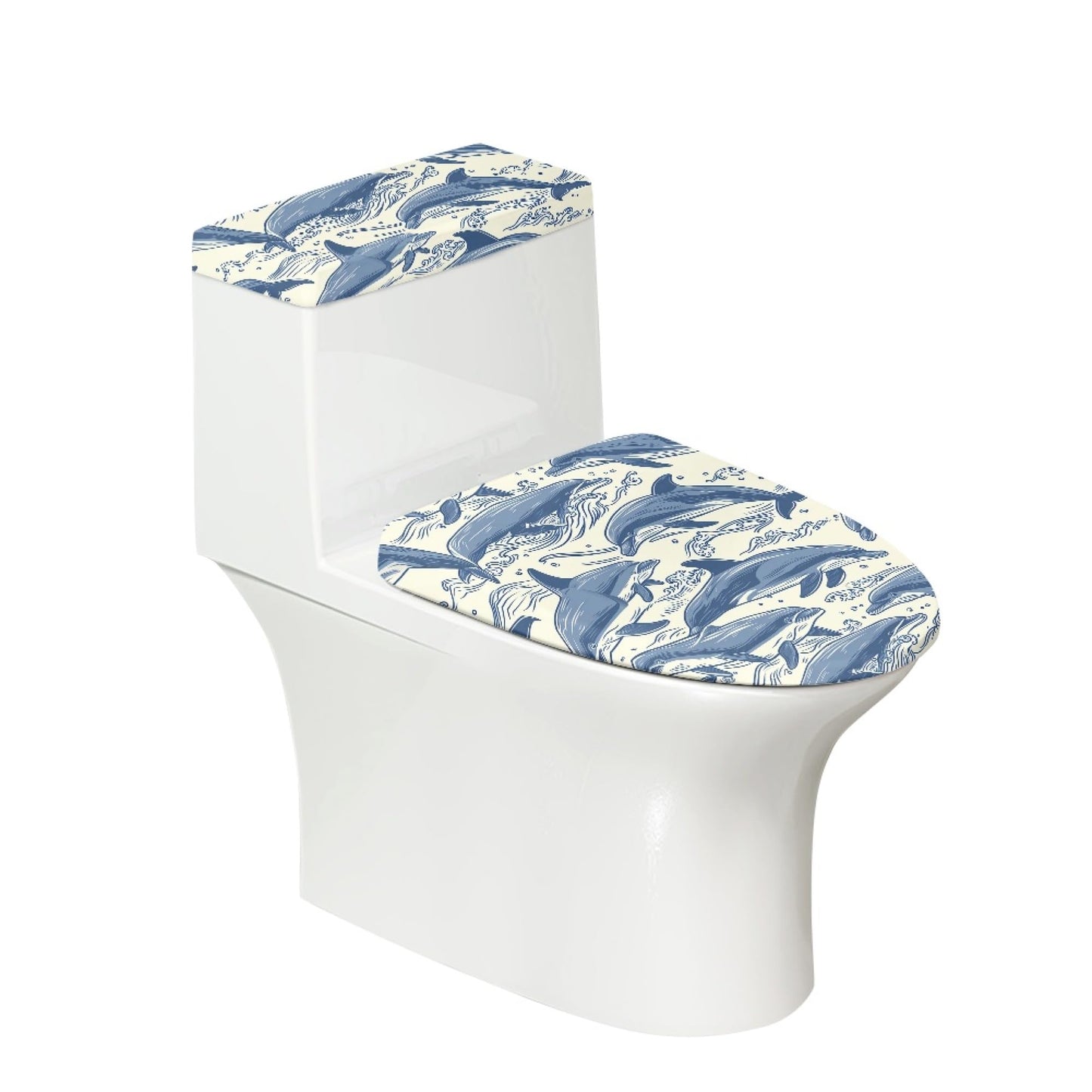 Set of 2 Japanese Waves Fish Toilet Lid Tank Cover Plush Navy White