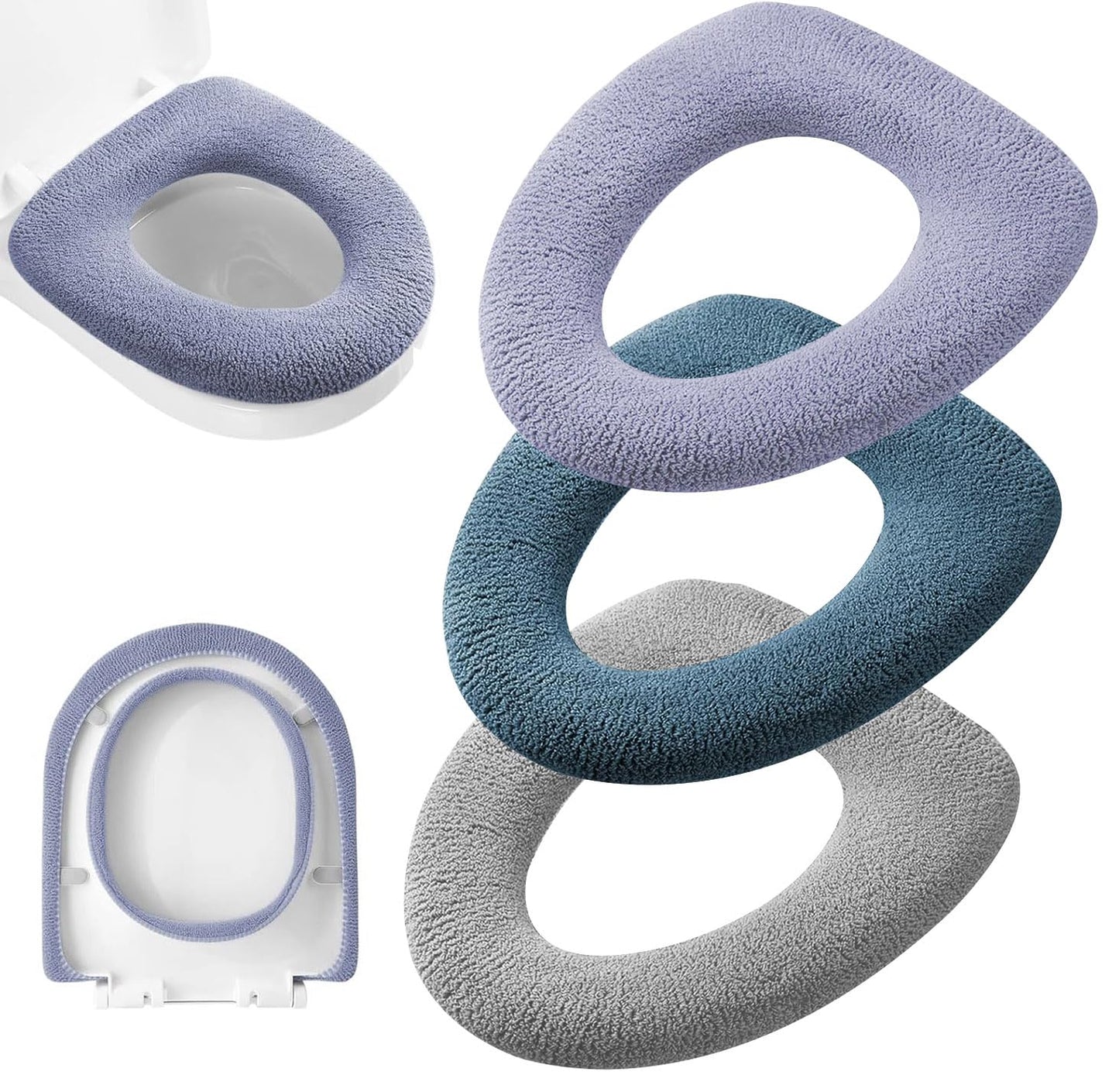 3Pcs/Pack Bathroom Soft Thicker Warmer Stretchable Washable Cloth Toilet Seat Cover Pads (Light Purple, Dark Green, Gray)