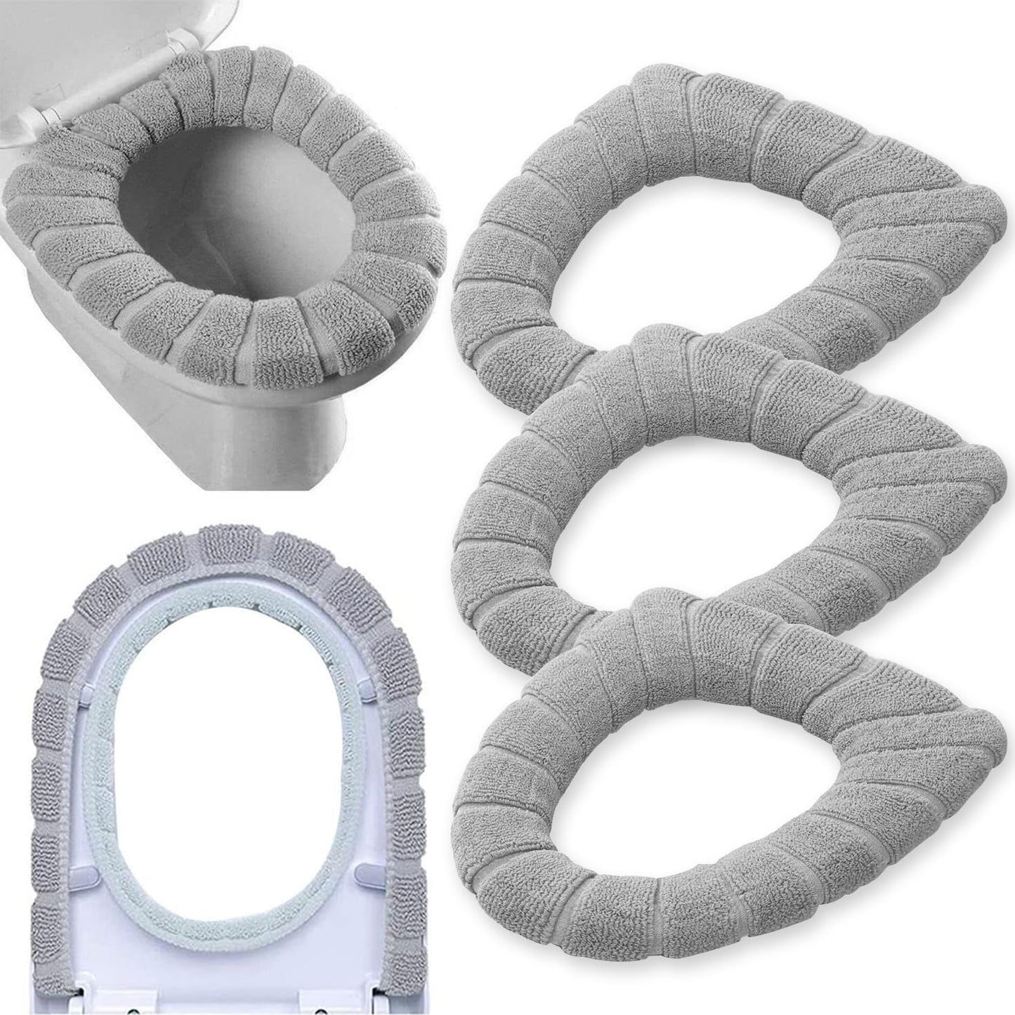 Bathroom Soft Thicker Warmer Stretchable Washable Cloth Toilet Seat Cover Pads 3PCS