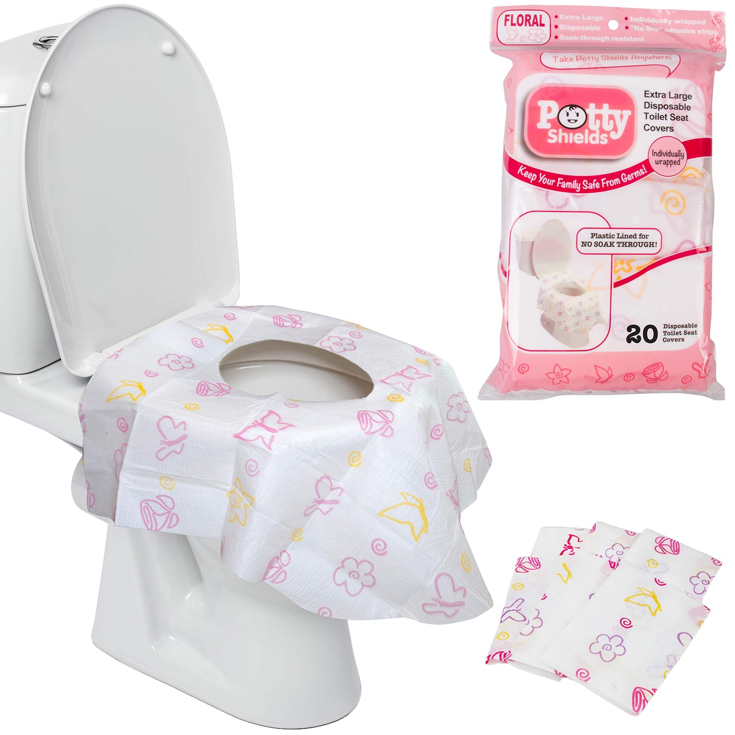 Potty Shields Waterproof Disposable Toilet Seat Covers, Floral 40 Pack | XL Toilet Covers for Toddlers, Kids & Adults, Portable & Individually Wrapped for Travel, Potty Training, & Public Restrooms