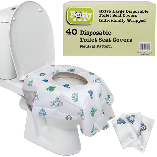 Potty Shields Disposable Toilet Seat Covers, XL Waterproof Sheets, 40 Pack | Toilet Covers for Toddlers, Kids & Adults, Portable & Individually Wrapped for Travel, Potty Training, & Public Restrooms