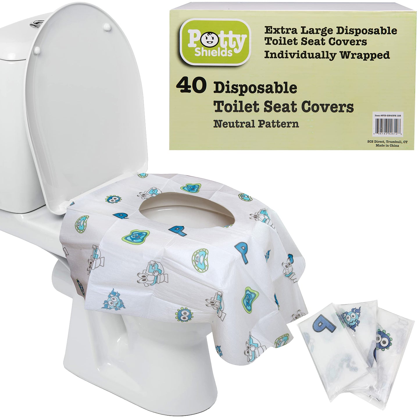 Potty Shields Disposable Toilet Seat Covers, XL Waterproof Sheets, 40 Pack | Toilet Covers for Toddlers, Kids & Adults, Portable & Individually Wrapped for Travel, Potty Training, & Public Restrooms