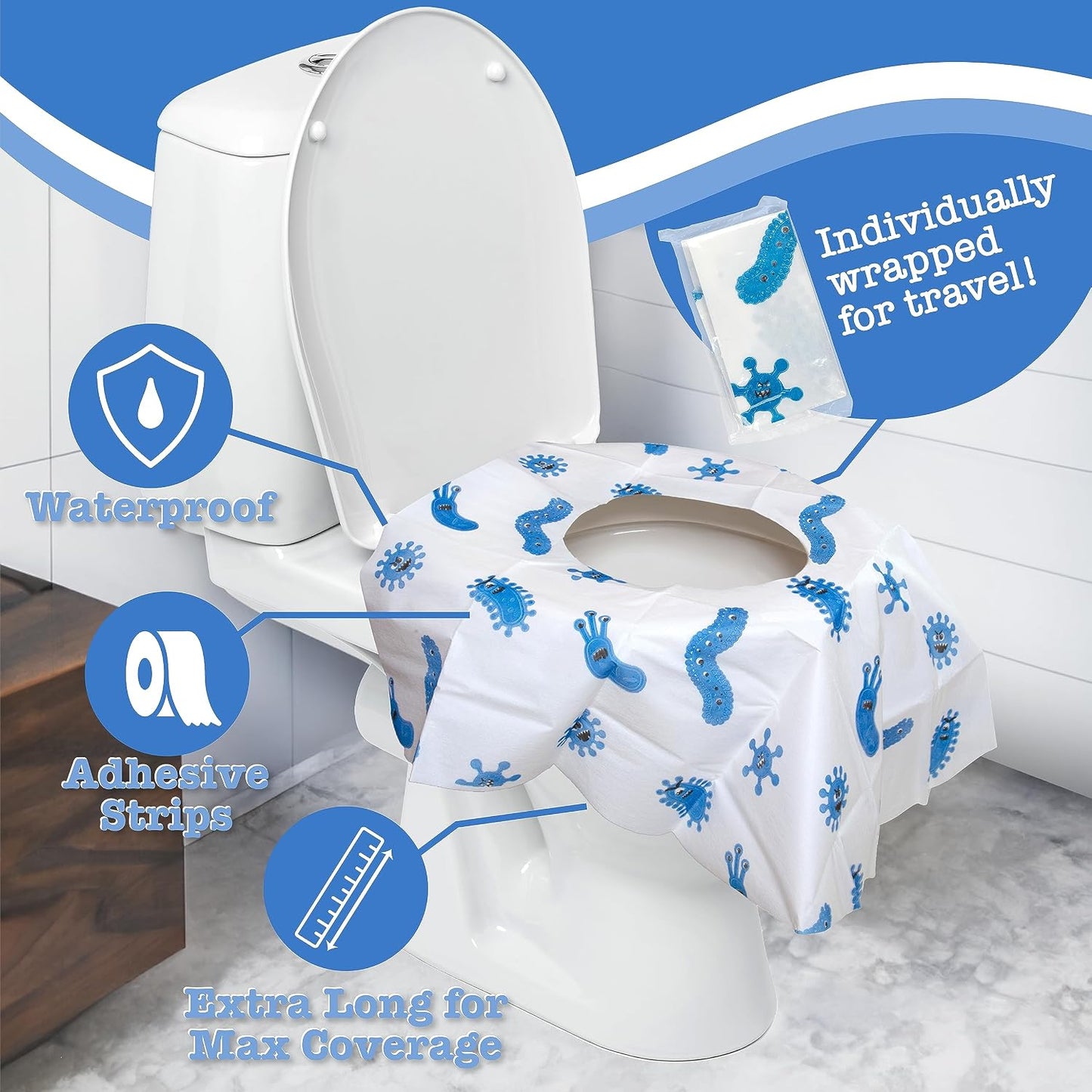 Potty Shields Disposable Toilet Seat Covers, XL Waterproof Sheets, 24 Pack | Toilet Covers for Toddlers, Kids & Adults, Portable & Individually Wrapped for Travel, Potty Training, & Public Restrooms