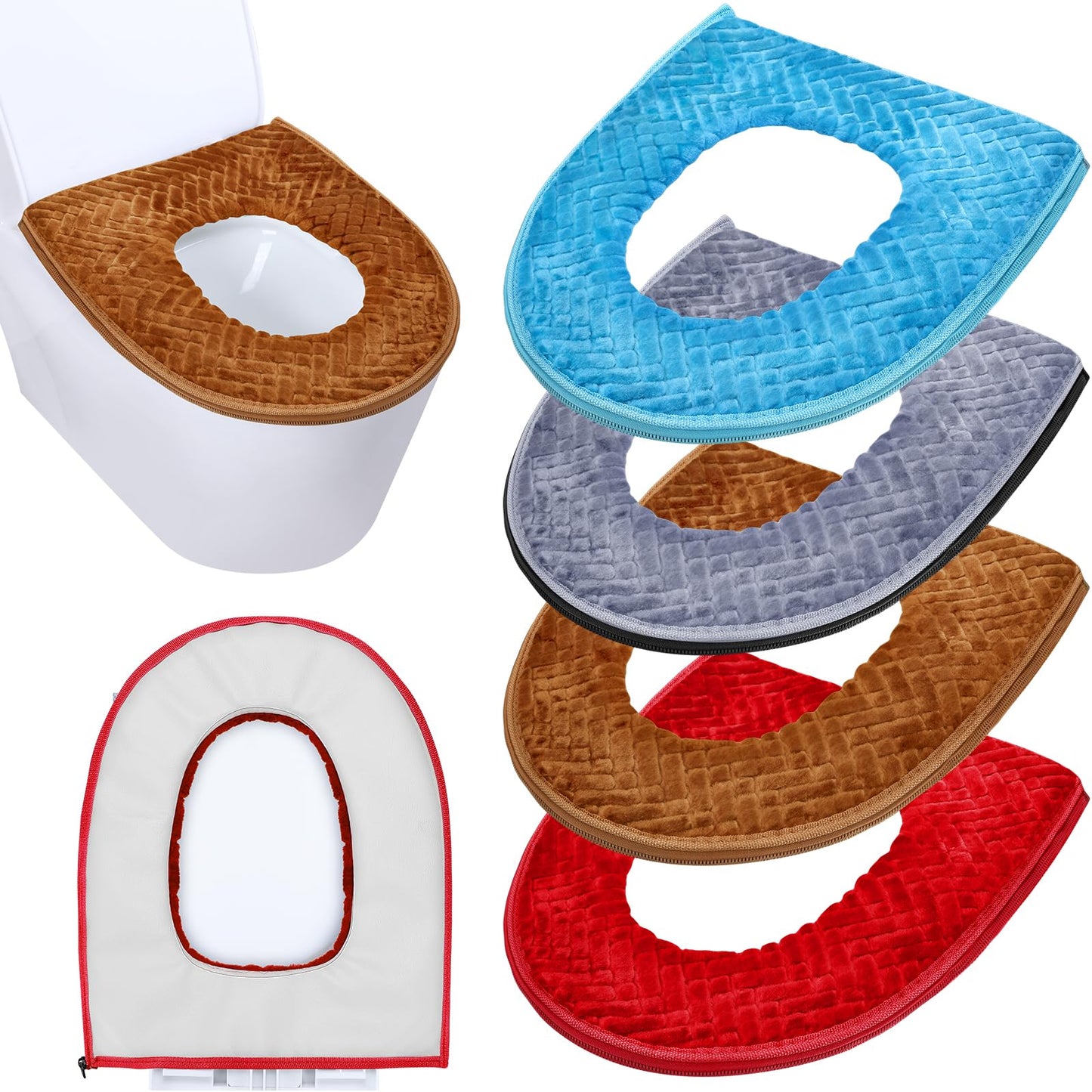 Riakrum 4 Pcs Toilet Seat Covers Warmer,Modern,Gray, Violet, Red, Brown | Comfortable Toilet Seat Cushion Cover, Soft Thicker Warmer Washable Pad with Zipper, Home Reusable Bulk