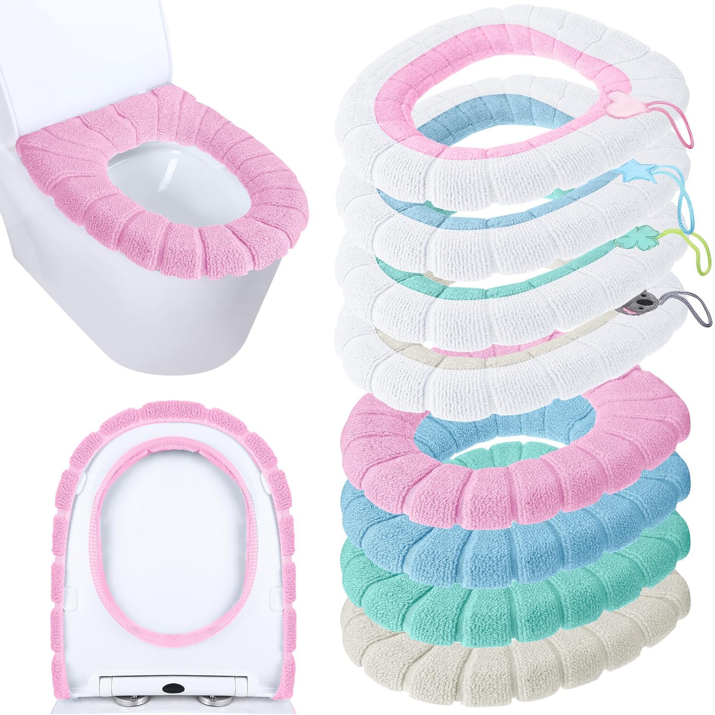 Moukeren 8 Pcs 11.8'' Thicker Bathroom Commode Seat Covers, Simple Colors | Stretchable Toilet Cushion Pads, Soft Fleece, Washable Universal Fit, Easy Install, Winter Warm for Home