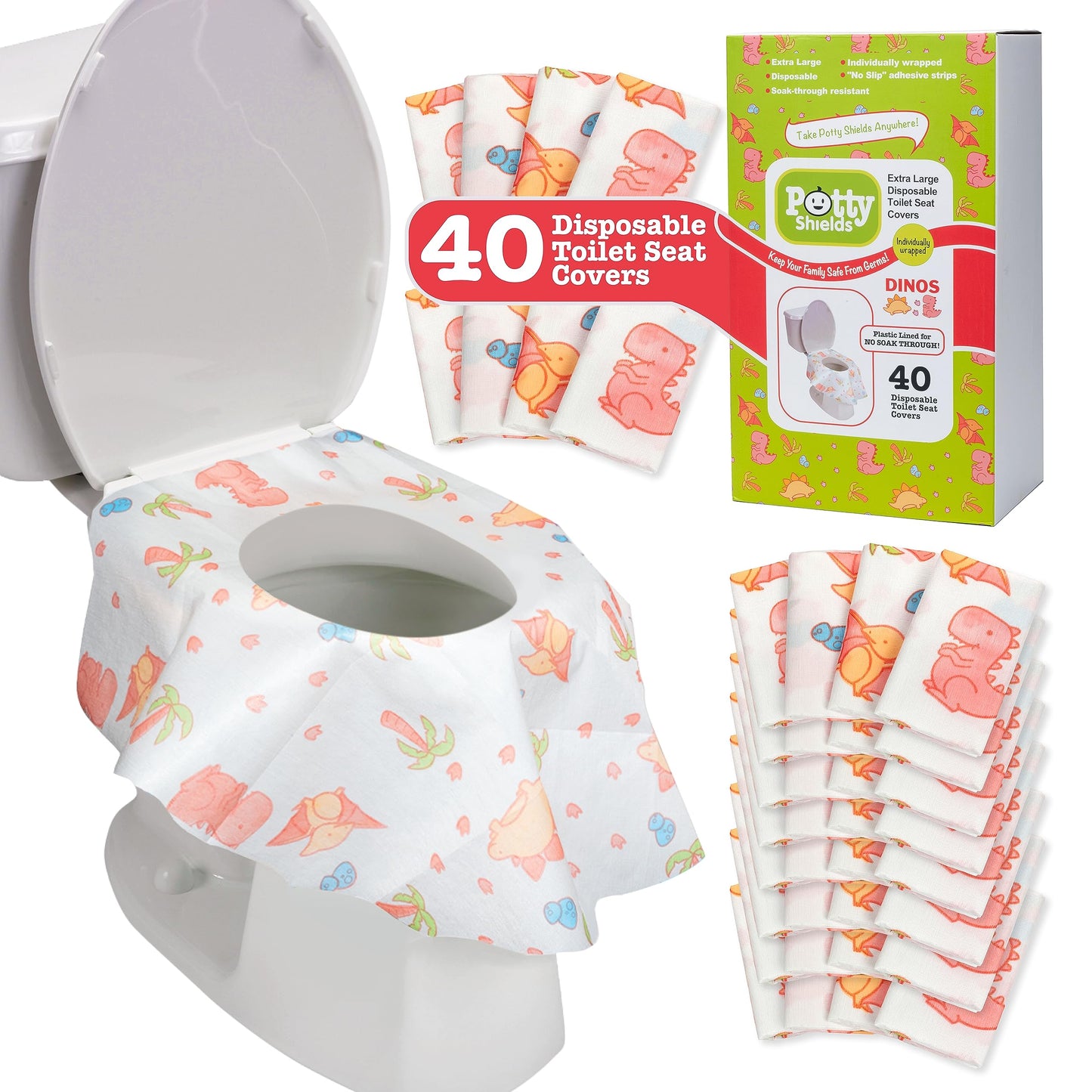 Potty Shields Disposable Toilet Seat Covers, XL Waterproof Sheets, 40 Pack | Toilet Covers for Toddlers, Kids & Adults, Portable & Individually Wrapped for Travel, Potty Training, & Public Restrooms