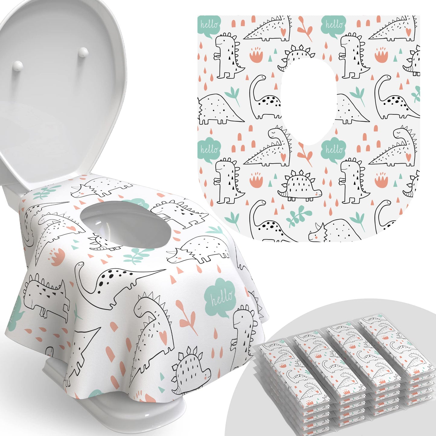 Relyo Disposable Toilet Seat Cover for Travel – 20 Pack with Covers Wrapped in Sets of 2, Non-Flushable Liners, Fits Most Seats – Kids, Toddlers, Adults (Dinosaurs, 20)
