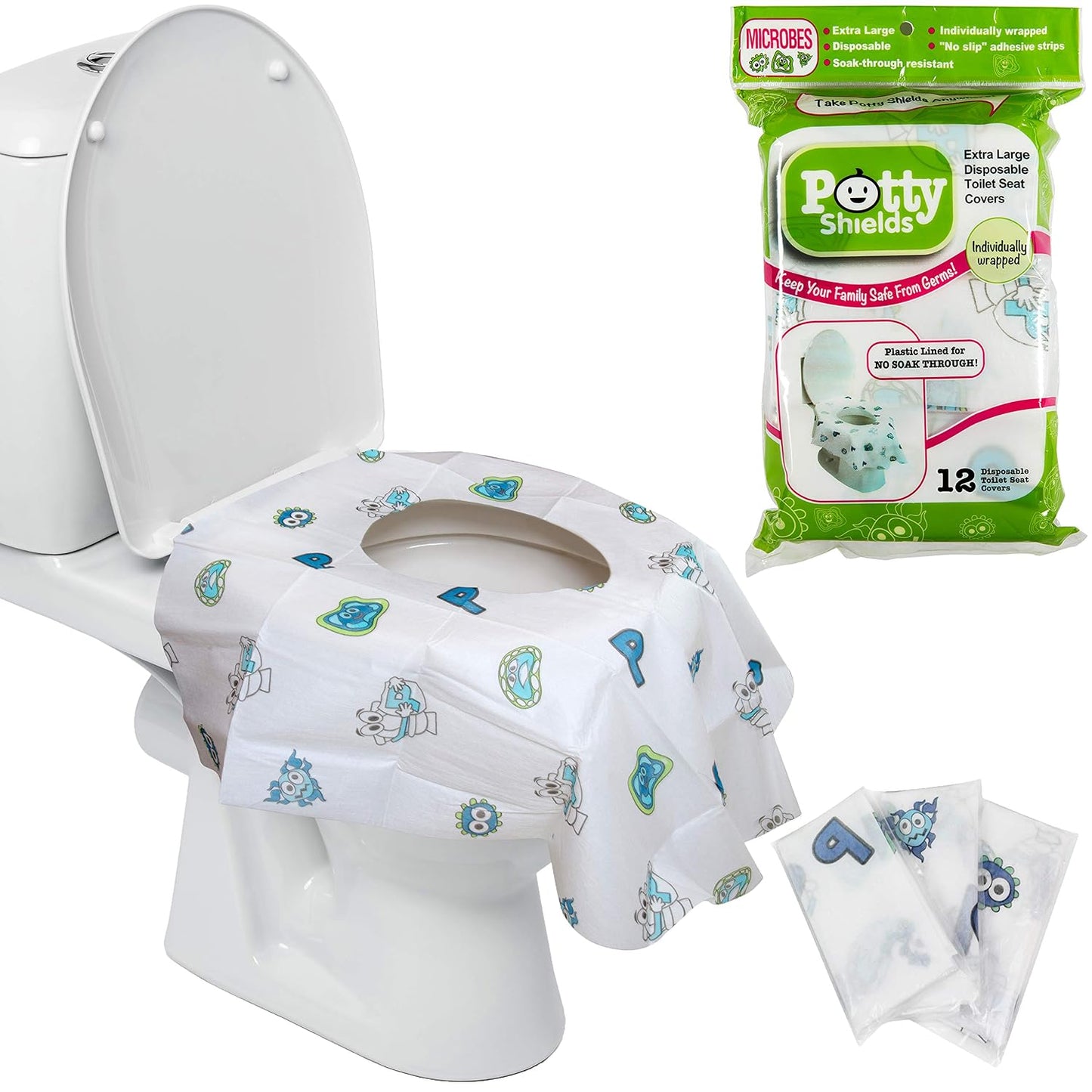 Potty Shields Disposable Toilet Seat Covers, XL Waterproof Sheets, 40 Pack | Toilet Covers for Toddlers, Kids & Adults, Portable & Individually Wrapped for Travel, Potty Training, & Public Restrooms