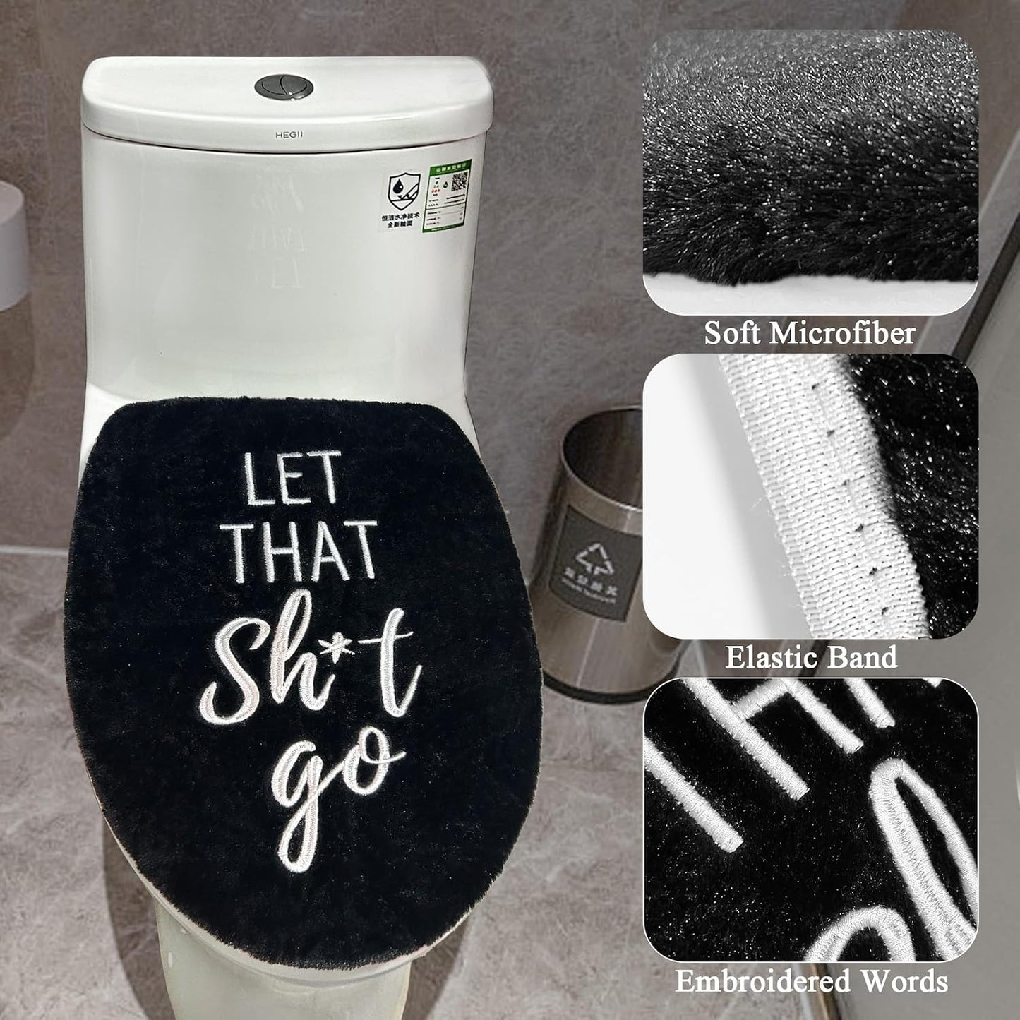Black Bathroom Decor Toilet Lid Cover Funny Toilet Seat Covers 17.5"x15" Soft Restroom Accessories Machine Washable Fits Most Oblong Round Elongated Toilet Lid Cute Home Room Decorations