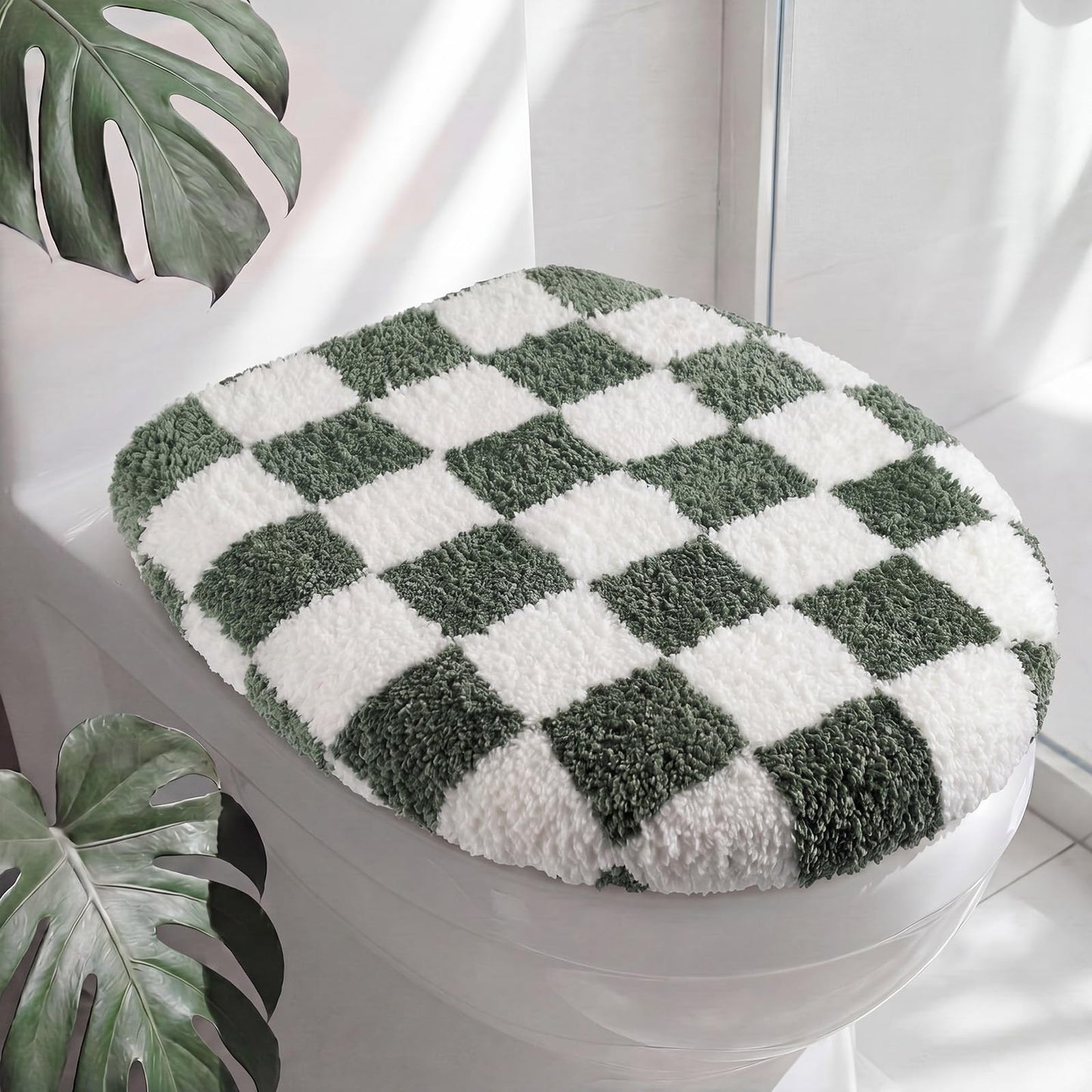 HunnmingRe Checkered Bathroom Toilet Lid Cover Soft Microfiber Toilet Top Cover 17.5" x 15" Washable Aesthetic Bathroom Decor Fits Most Round, Elongated and Oblong Lids, Machine Washable(Black White)