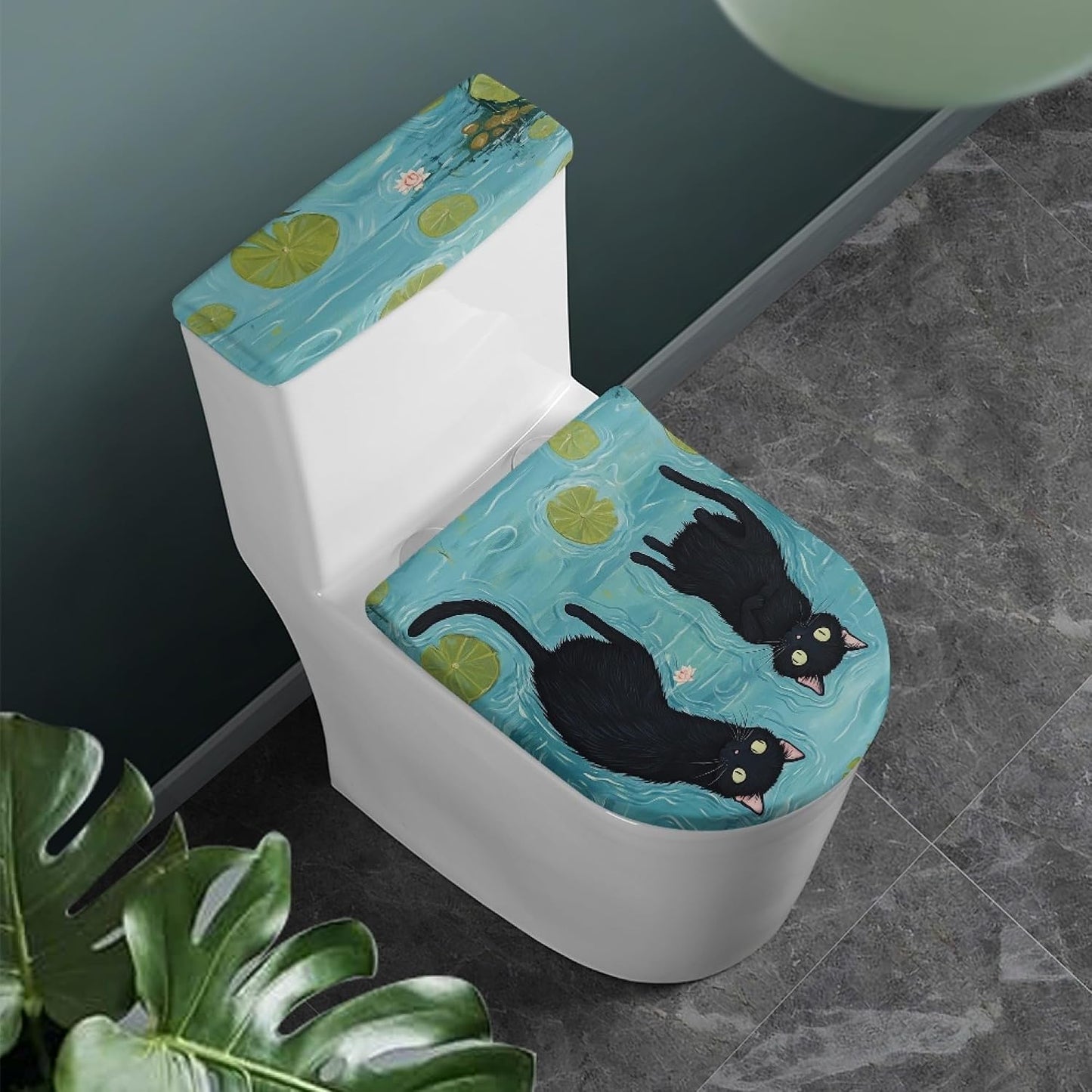 Cat Set of 2 Toilet Lid Cover Tank Set Plush Bathroom Set Beige Blue