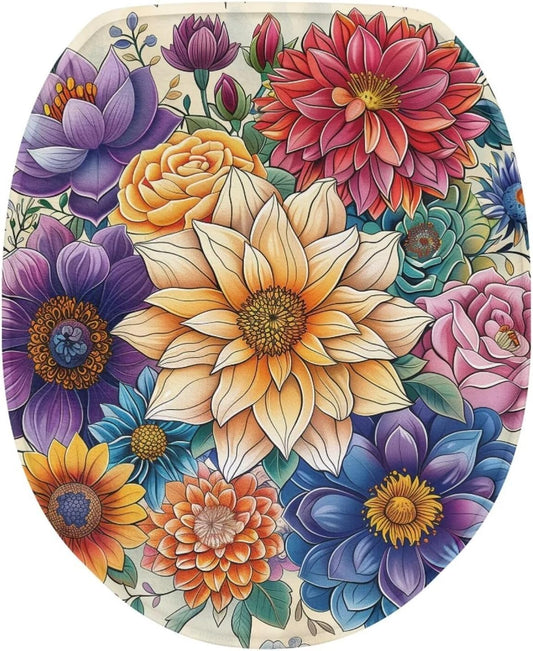 chaqlin Soft Flannel Bathroom Toilet Lid Cover, Bohemian Washable Seat Covers, 17.3x13, Stays in Place Rubber Backing, Fits Most Elongated and Oblong Lids, Accessories Decor, Colorful Blossom