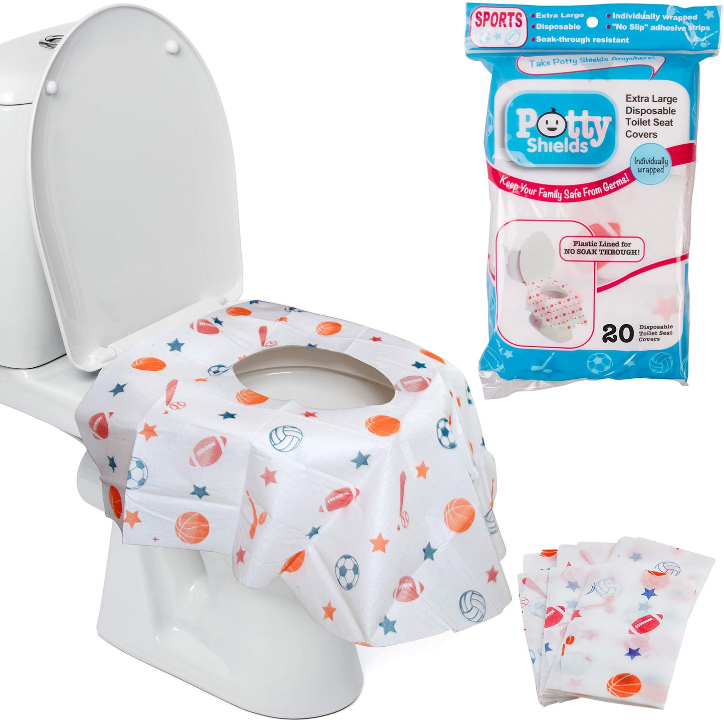 Potty Shields Disposable Toilet Seat Covers, XL Waterproof Sheets, 40 Pack | Toilet Covers for Toddlers, Kids & Adults, Portable & Individually Wrapped for Travel, Potty Training, & Public Restrooms