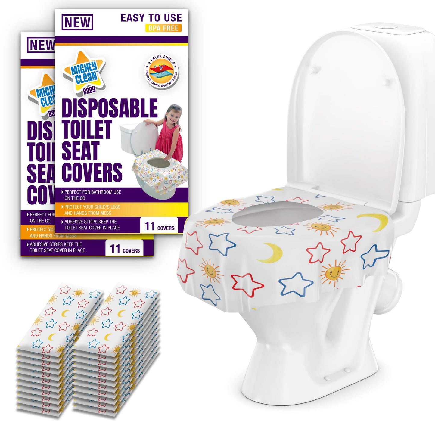 Mighty Clean Baby 44-Pack Disposable Toilet Seat Covers - XL Waterproof Potty Covers for Toddlers, Kids & Adults - Travel, Public Restrooms, Airplane, Potty Training