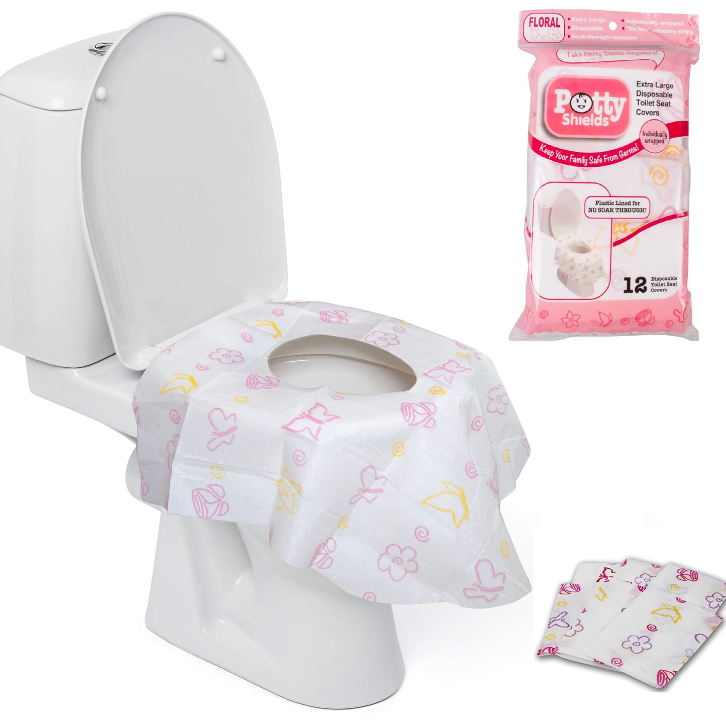 Potty Shields Waterproof Disposable Toilet Seat Covers, Floral 40 Pack | XL Toilet Covers for Toddlers, Kids & Adults, Portable & Individually Wrapped for Travel, Potty Training, & Public Restrooms