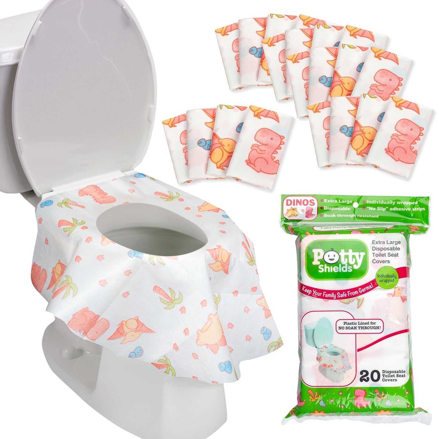 Potty Shields Disposable Toilet Seat Covers, XL Waterproof Sheets, 40 Pack | Toilet Covers for Toddlers, Kids & Adults, Portable & Individually Wrapped for Travel, Potty Training, & Public Restrooms