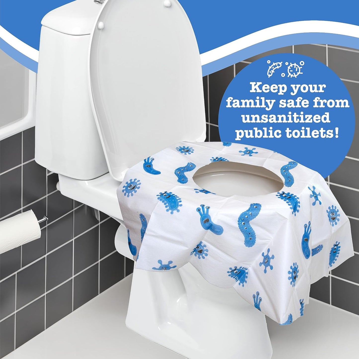 Potty Shields Disposable Toilet Seat Covers, XL Waterproof Sheets, 24 Pack | Toilet Covers for Toddlers, Kids & Adults, Portable & Individually Wrapped for Travel, Potty Training, & Public Restrooms
