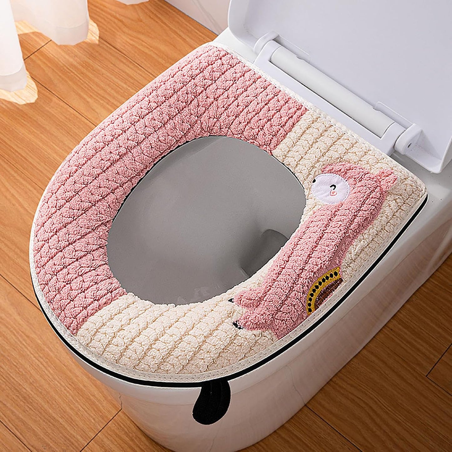 Warm Toilet Seat Cover with Handle for Bathroom (Pink Alpaca) | Thicker Soft Plush Toilet Seat Cover Pad, Easy Installation & Washable