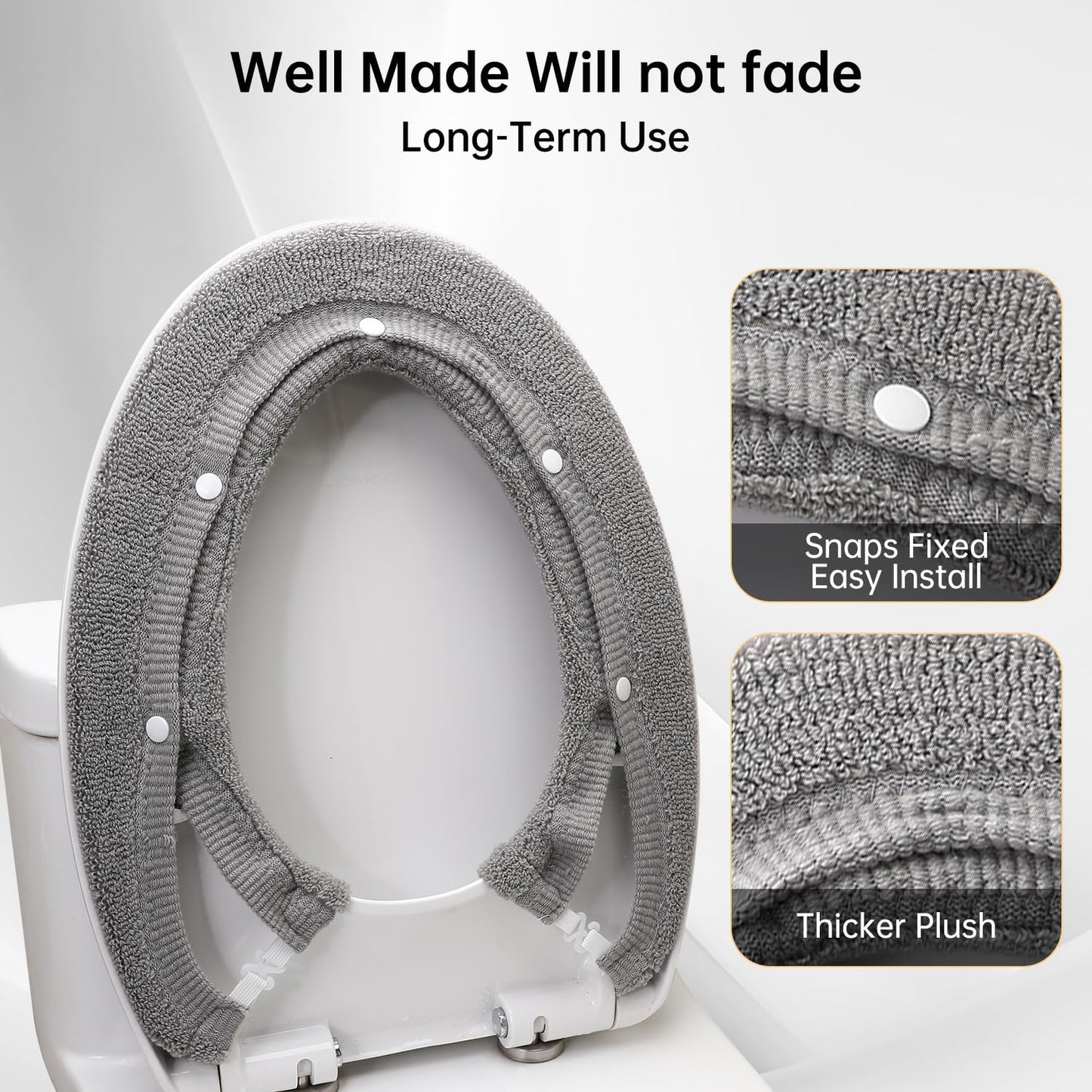 Toilet Seat Cover with Snaps Fixed,Thick Warmer,Machine Washable(grey) | soft thicker warm,easy to install,stretchable,non slip pad,stay in place,universal size,fit most toilet,reusable portable