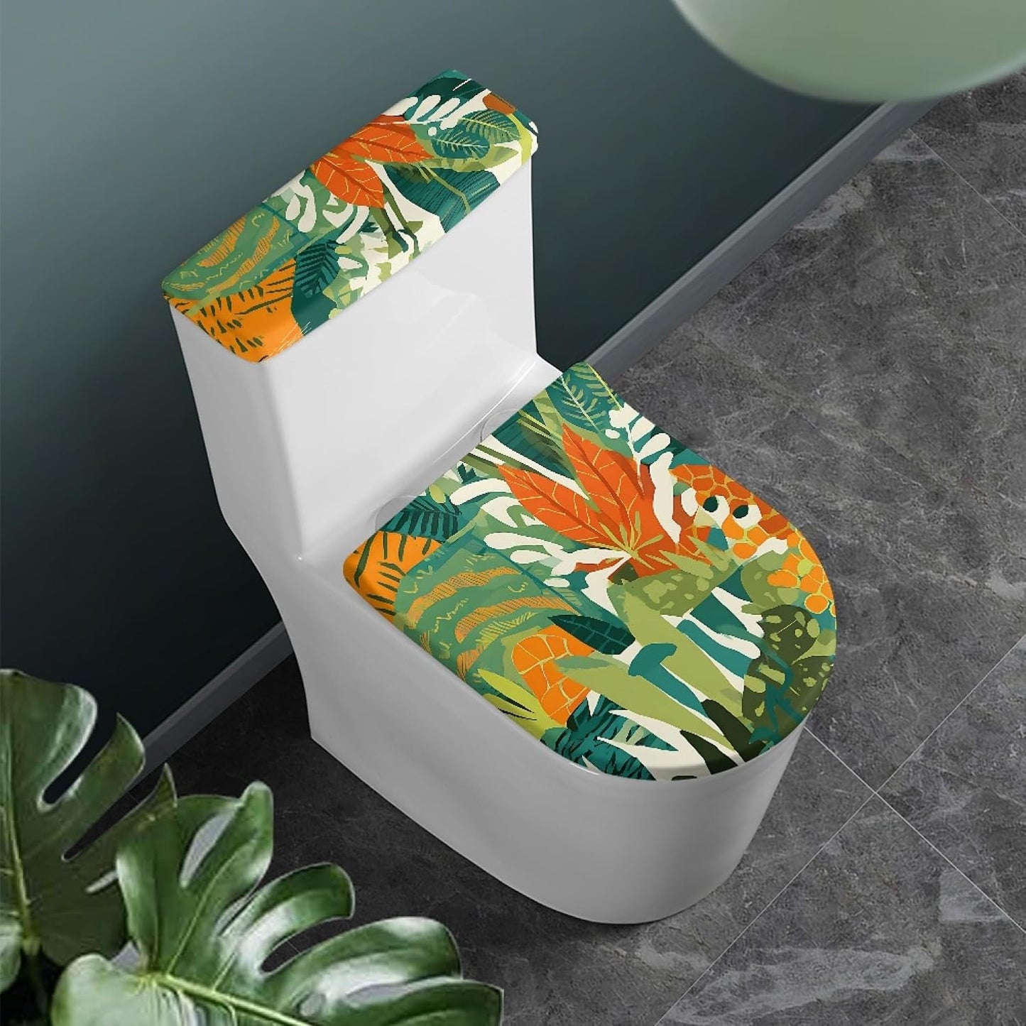 Funny Cat Set of 2 Toilet Lid and Tank Cover Soft Plush green blue