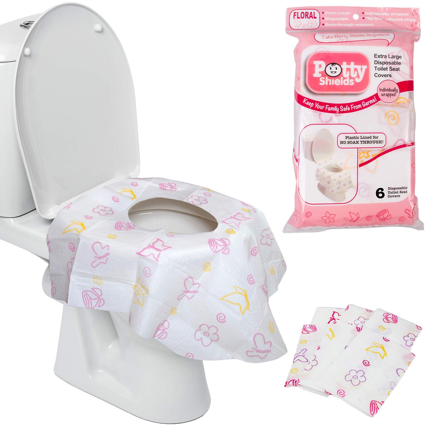 Potty Shields Waterproof Disposable Toilet Seat Covers, Floral 40 Pack | XL Toilet Covers for Toddlers, Kids & Adults, Portable & Individually Wrapped for Travel, Potty Training, & Public Restrooms