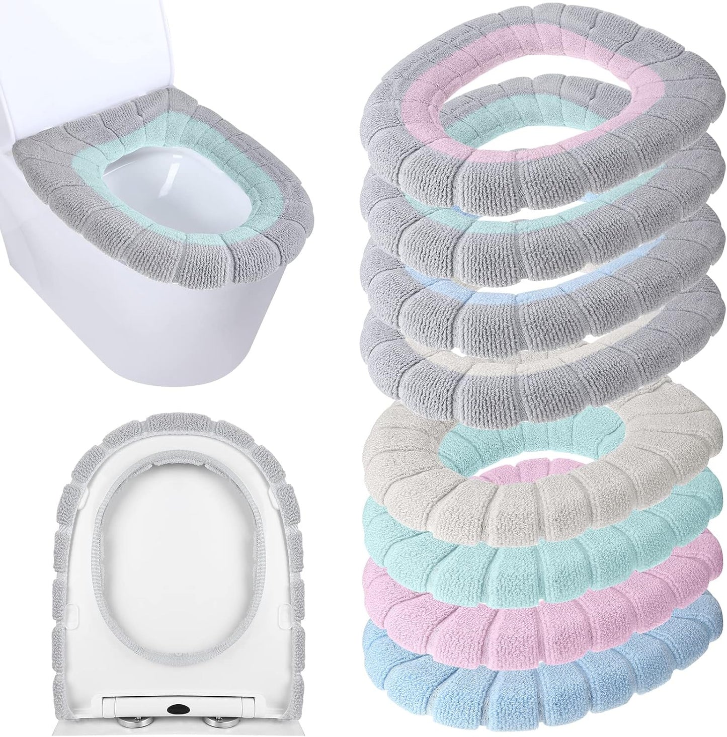 Moukeren 8 Pcs 11.8'' Thicker Bathroom Commode Seat Covers, Simple Colors | Stretchable Toilet Cushion Pads, Soft Fleece, Washable Universal Fit, Easy Install, Winter Warm for Home