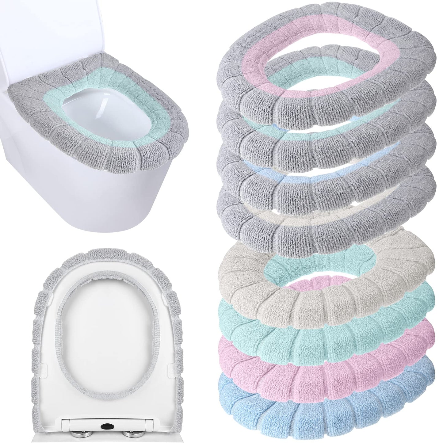 Moukeren 8 Pcs 11.8'' Thicker Bathroom Commode Seat Covers, Simple Colors | Stretchable Toilet Cushion Pads, Soft Fleece, Washable Universal Fit, Easy Install, Winter Warm for Home
