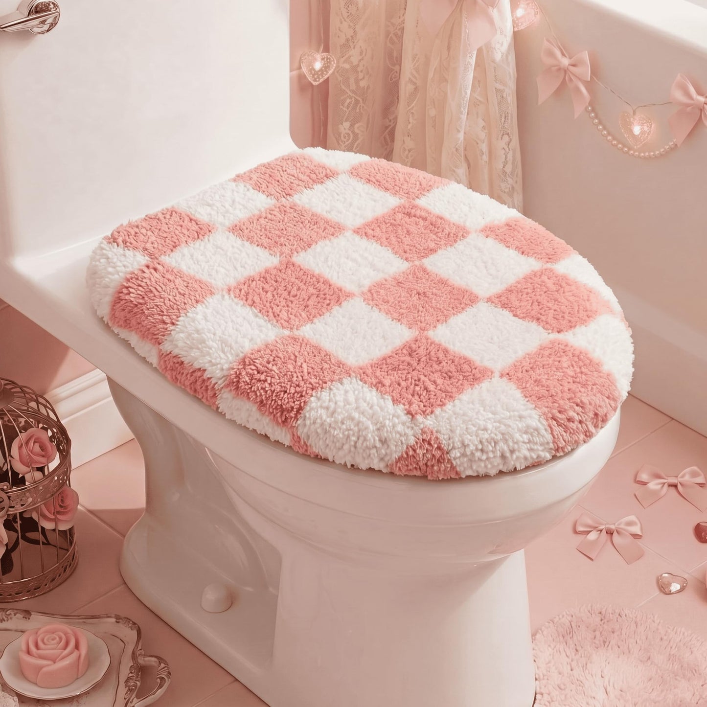 HunnmingRe Checkered Bathroom Toilet Lid Cover Soft Microfiber Toilet Top Cover 17.5" x 15" Washable Aesthetic Bathroom Decor Fits Most Round, Elongated and Oblong Lids, Machine Washable(Black White)