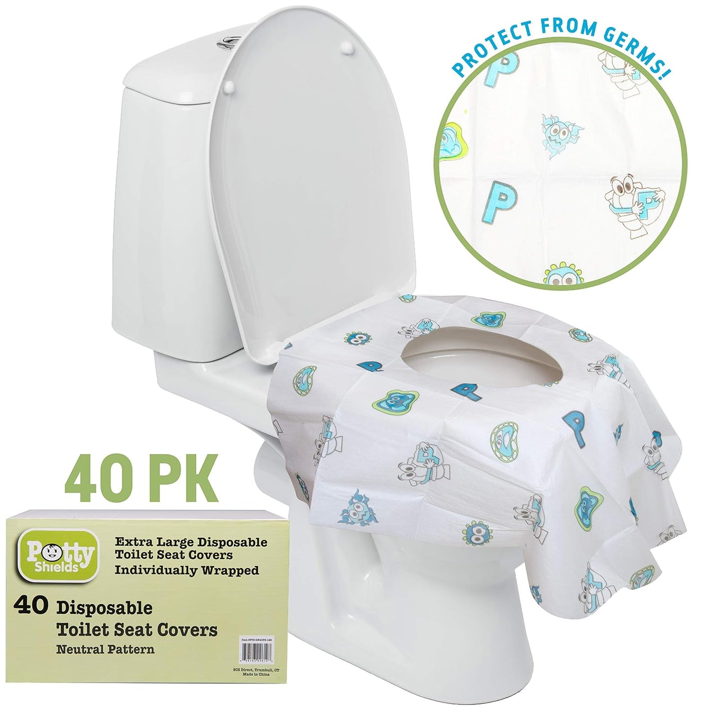 Potty Shields Disposable Toilet Seat Covers, XL Waterproof Sheets, 40 Pack | Toilet Covers for Toddlers, Kids & Adults, Portable & Individually Wrapped for Travel, Potty Training, & Public Restrooms