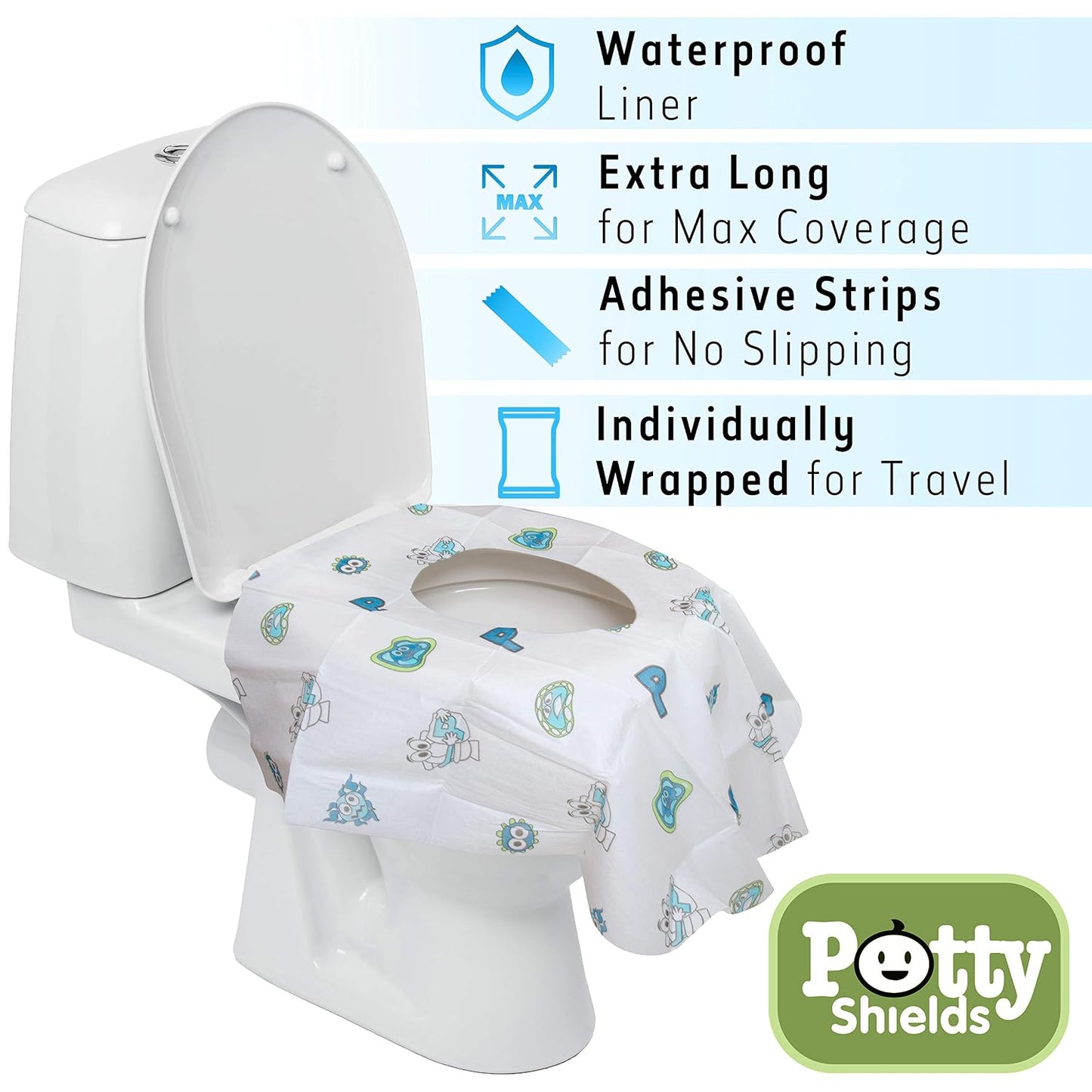 Potty Shields Disposable Toilet Seat Covers, XL Waterproof Sheets, 40 Pack | Toilet Covers for Toddlers, Kids & Adults, Portable & Individually Wrapped for Travel, Potty Training, & Public Restrooms