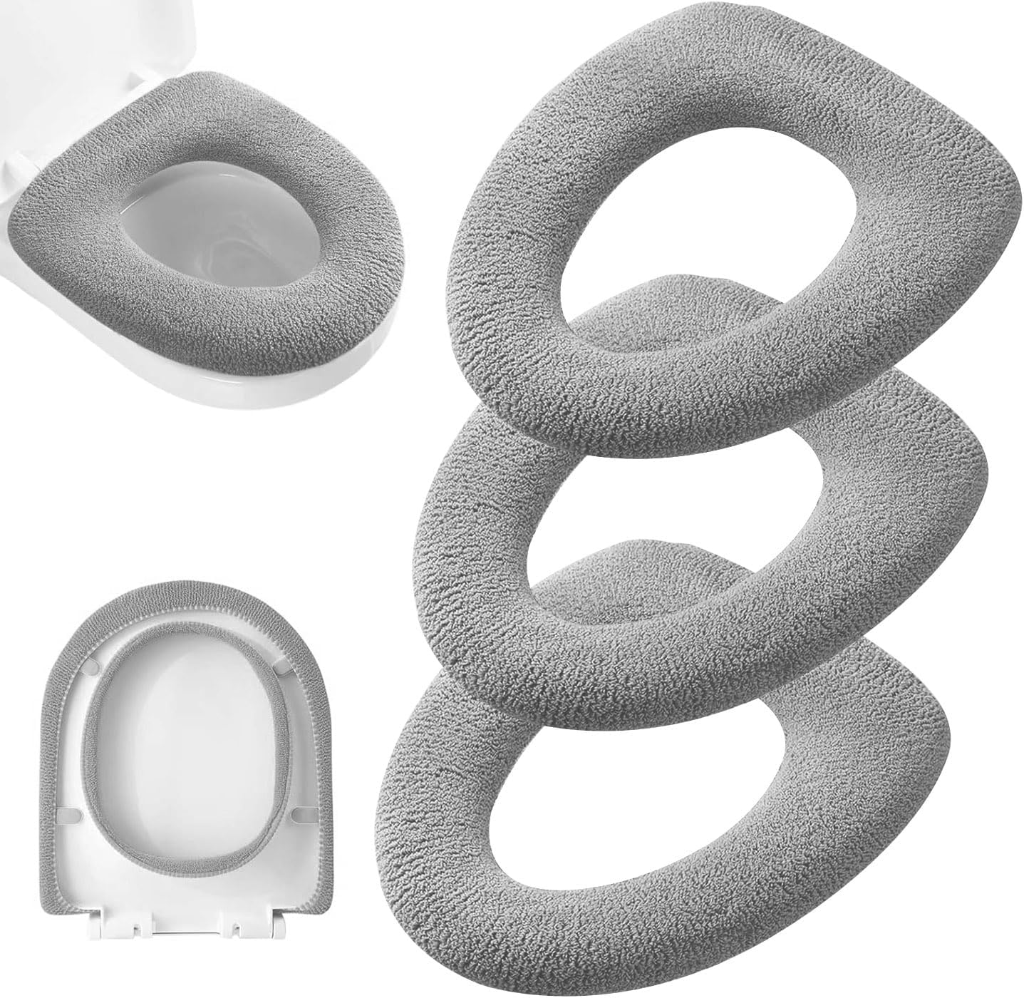 3Pcs/Pack Bathroom Soft Thicker Warmer Stretchable Washable Cloth Toilet Seat Cover Pads (Light Purple, Dark Green, Gray)