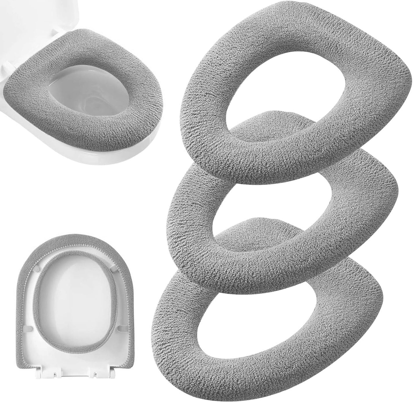 3Pcs/Pack Bathroom Soft Thicker Warmer Stretchable Washable Cloth Toilet Seat Cover Pads (Light Purple, Dark Green, Gray)