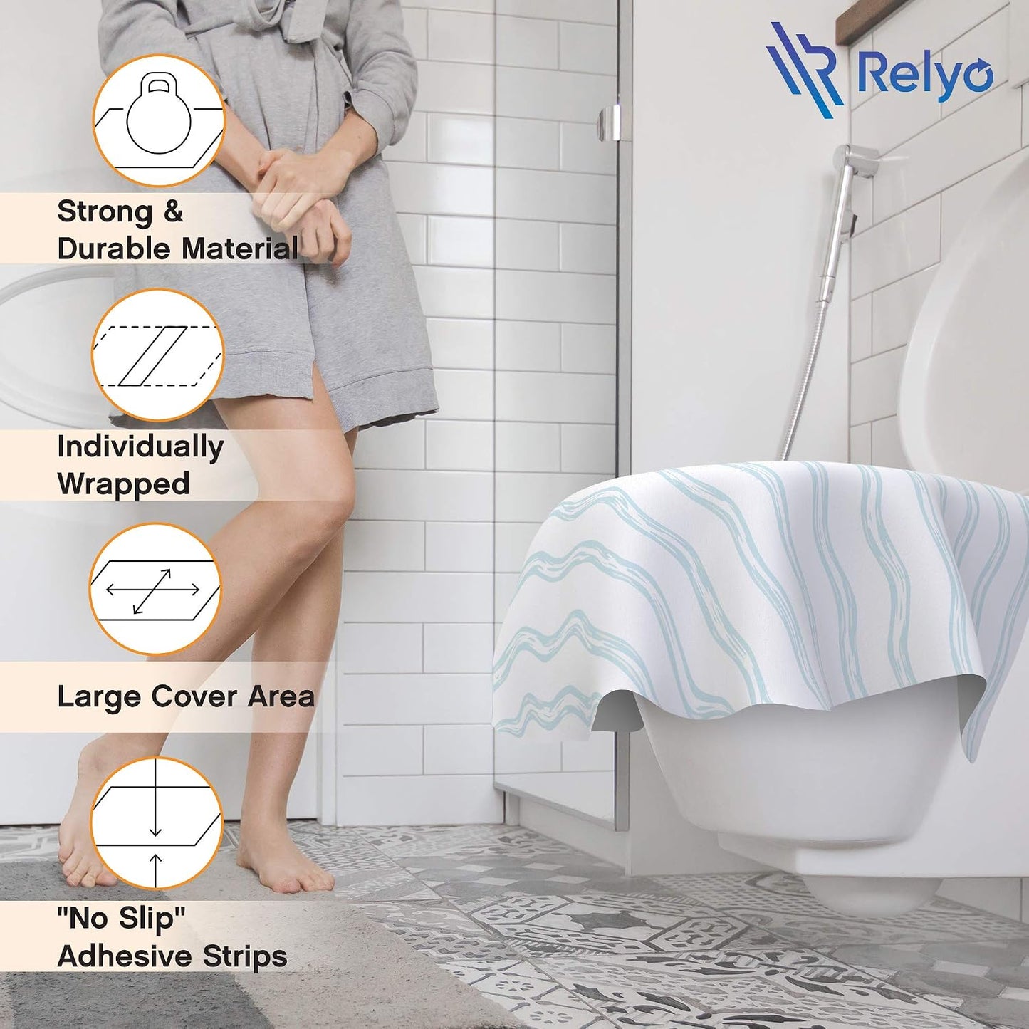 Relyo Disposable Toilet Seat Cover for Travel – 20 Pack with Covers Wrapped in Sets of 2, Non-Flushable Liners, Fits Most Seats – Kids, Toddlers, Adults (Waves, 20)