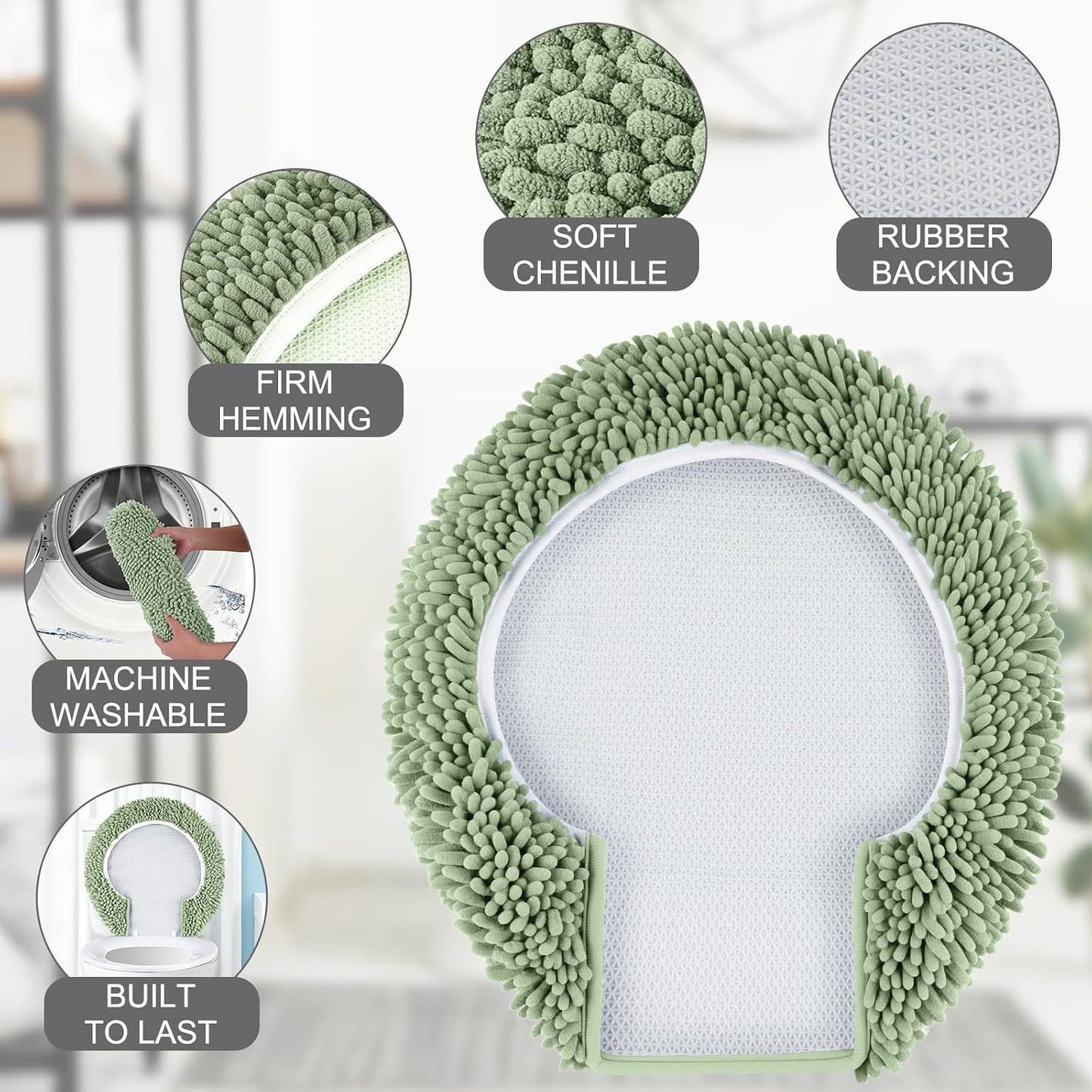 Soft Chenille Toilet Lid Cover 19.5L x 18.5W Machine Washable | Toilet Seat Cover Adjustable Rubber Backing Fits Most Round Elongated and Oblong Lids