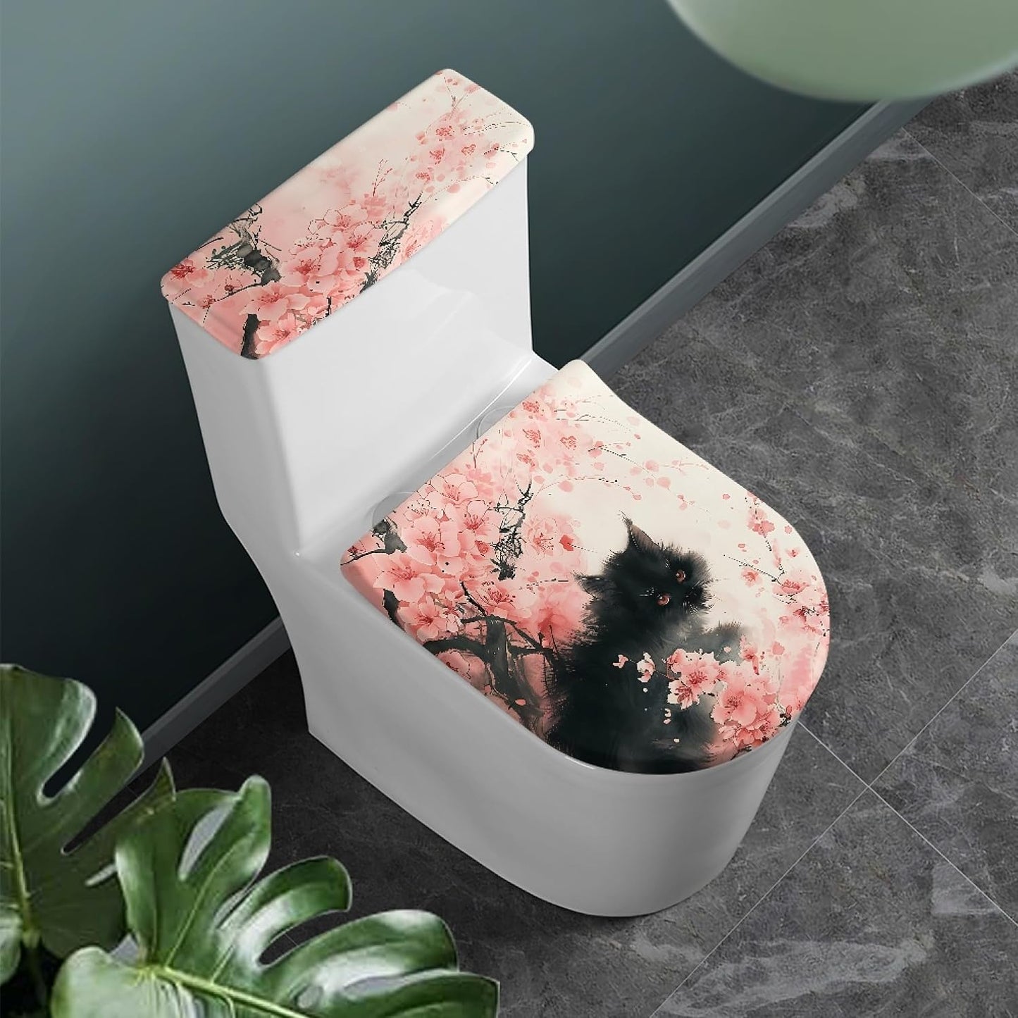 Set of 2 Cat Print Toilet Lid Tank Cover Soft Plush Set grey white
