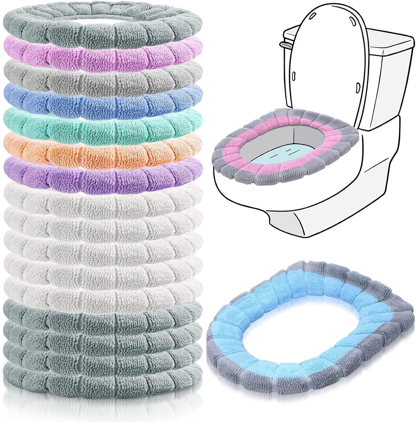 Reginary 16 Pcs Thicker Toilet Seat Cover Pads Bathroom Soft Toilet Seat Warmer Stretchable Washable Fibre Cloth Toilet Seat Cushion Cover Toilet Seat Cover, Easy Installation
