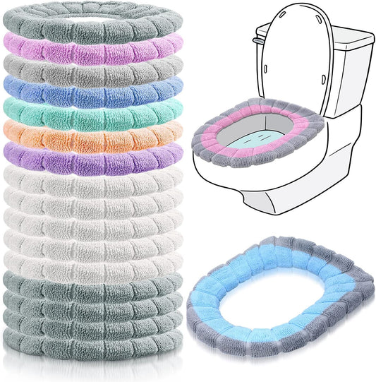 Reginary 16 Pcs Thicker Toilet Seat Cover Pads Bathroom Soft Toilet Seat Warmer Stretchable Washable Fibre Cloth Toilet Seat Cushion Cover Toilet Seat Cover, Easy Installation