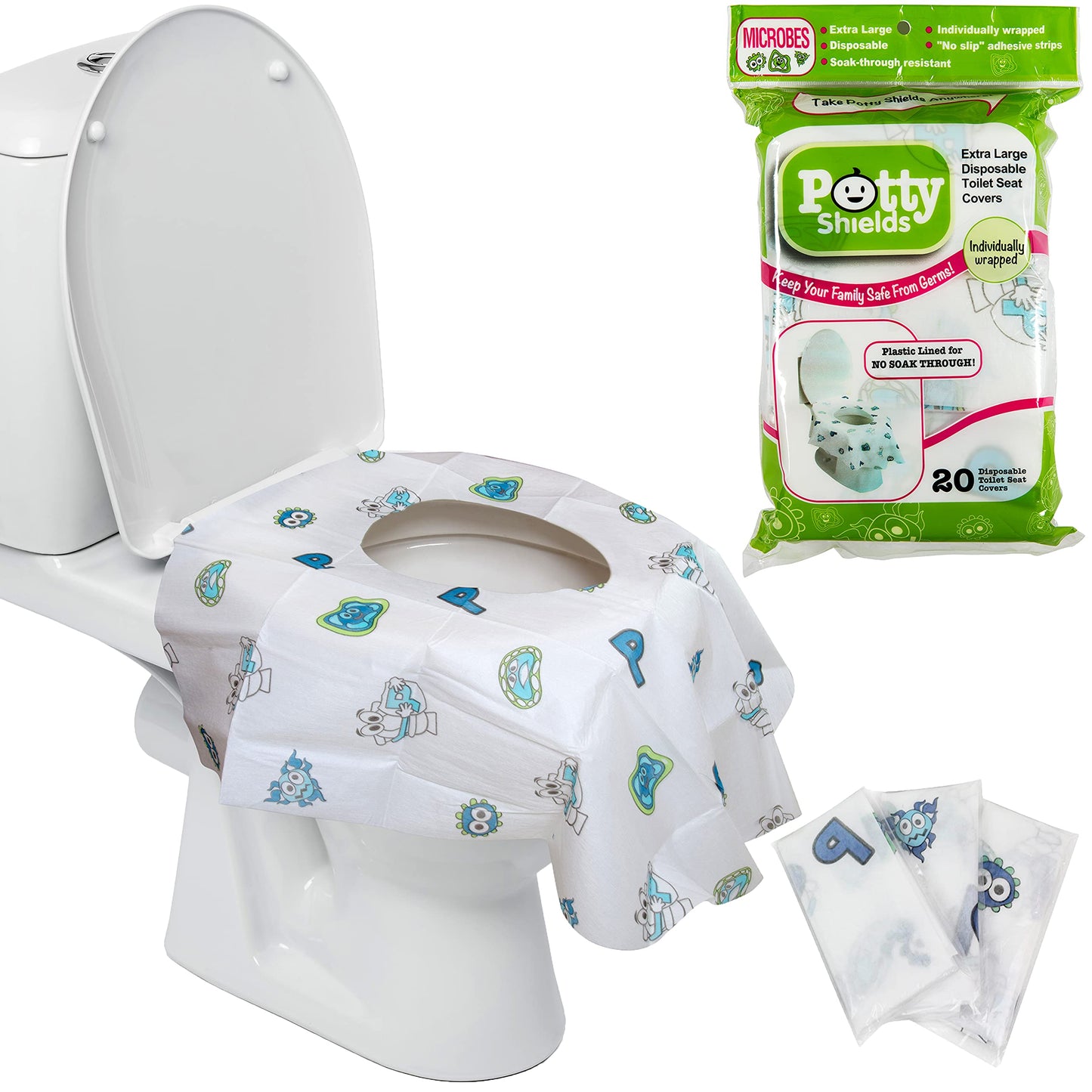 Potty Shields Disposable Toilet Seat Covers, XL Waterproof Sheets, 40 Pack | Toilet Covers for Toddlers, Kids & Adults, Portable & Individually Wrapped for Travel, Potty Training, & Public Restrooms