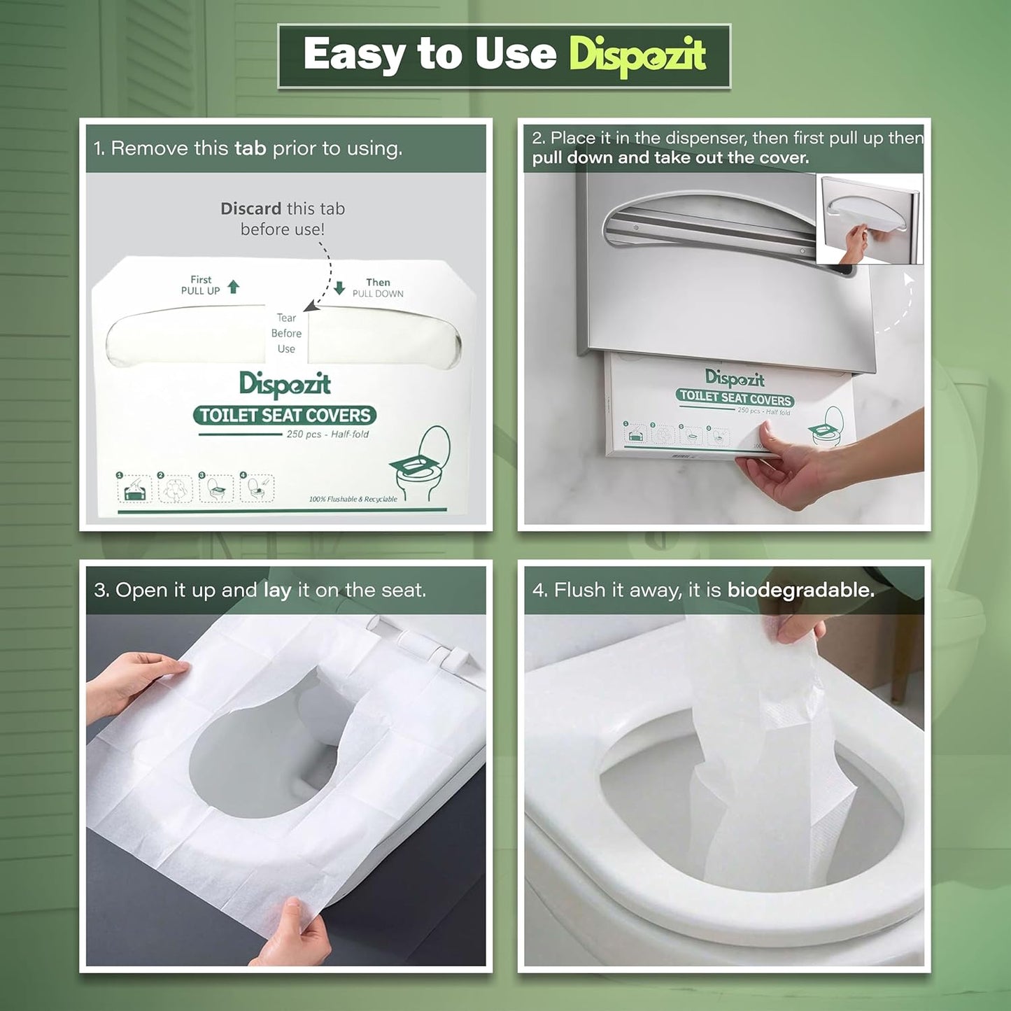 1250 Pcs Flushable Toilet Seat Covers for Hotel, Business, and Commercial | 5 Packs of 250 Pcs Disposable Flushable 100% Biodegradable Commercial Toilet Seat Covers, Half-Fold Wall Dispenser Compatible
